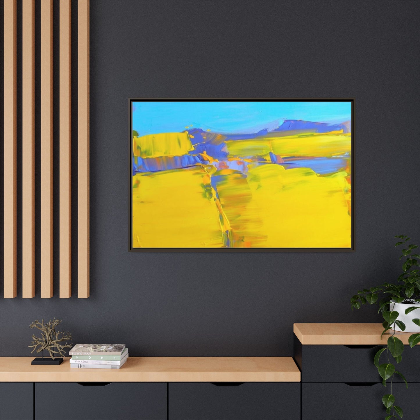 Framed Matte Canvas  Vibrant Yellow Blue Abstract Landscape Art