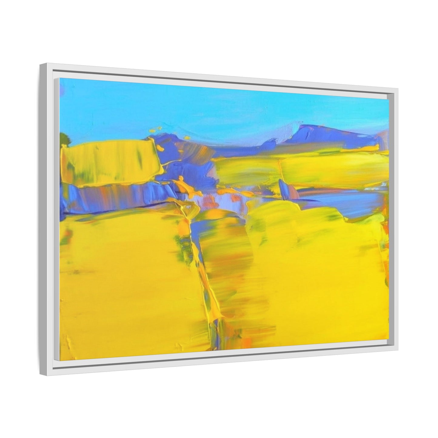 Framed Matte Canvas  Vibrant Yellow Blue Abstract Landscape Art
