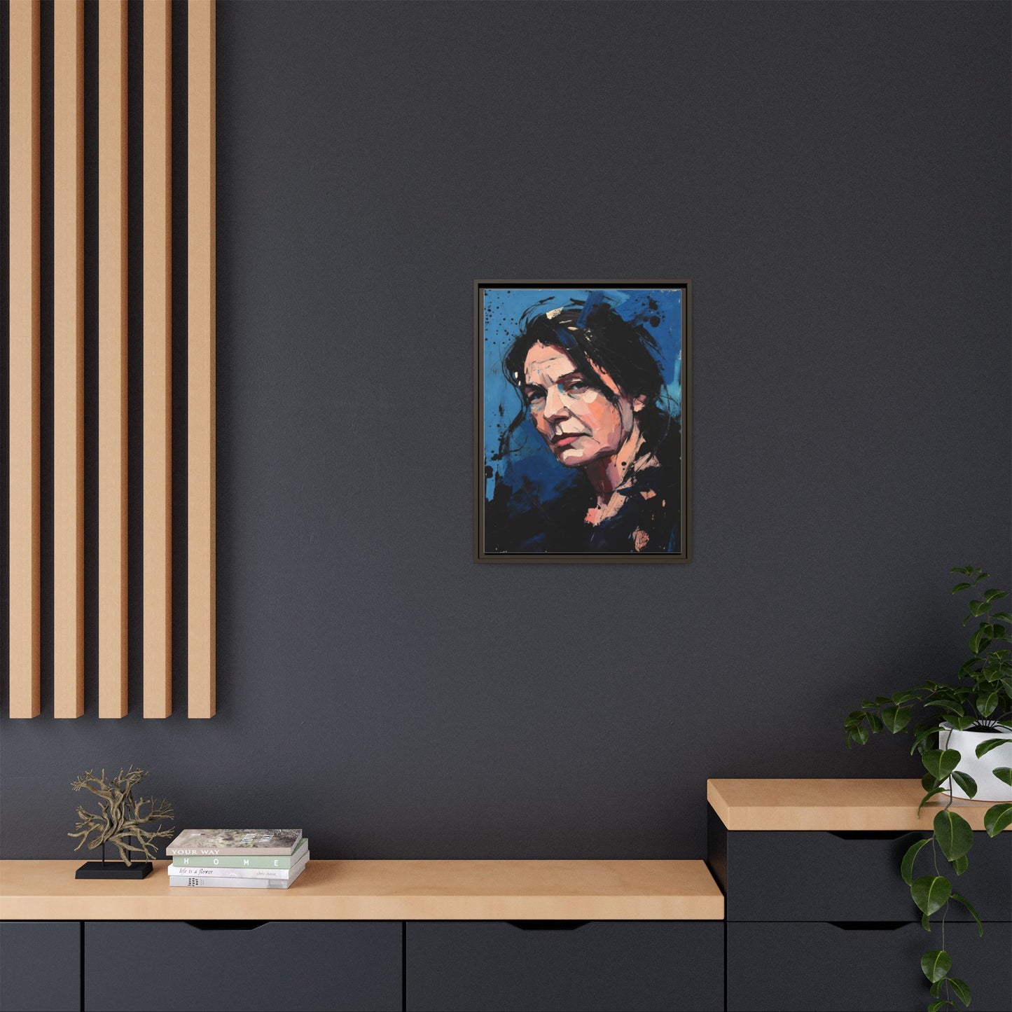 Framed Matte Canvas Portrait — Expressive Blue Painterly Woman Art