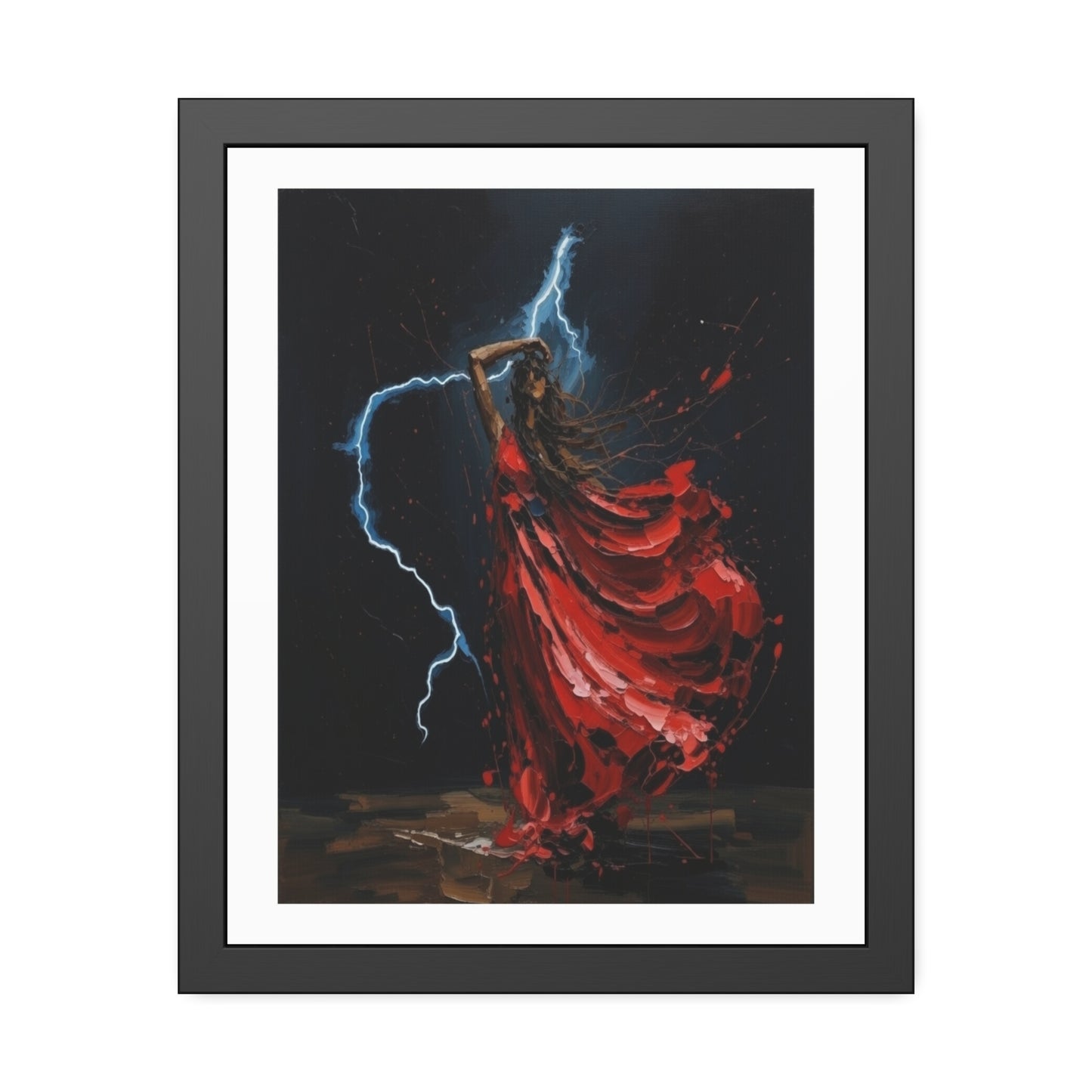 Framed Poster — Red-Dressed Dancer with Lightning Art Print