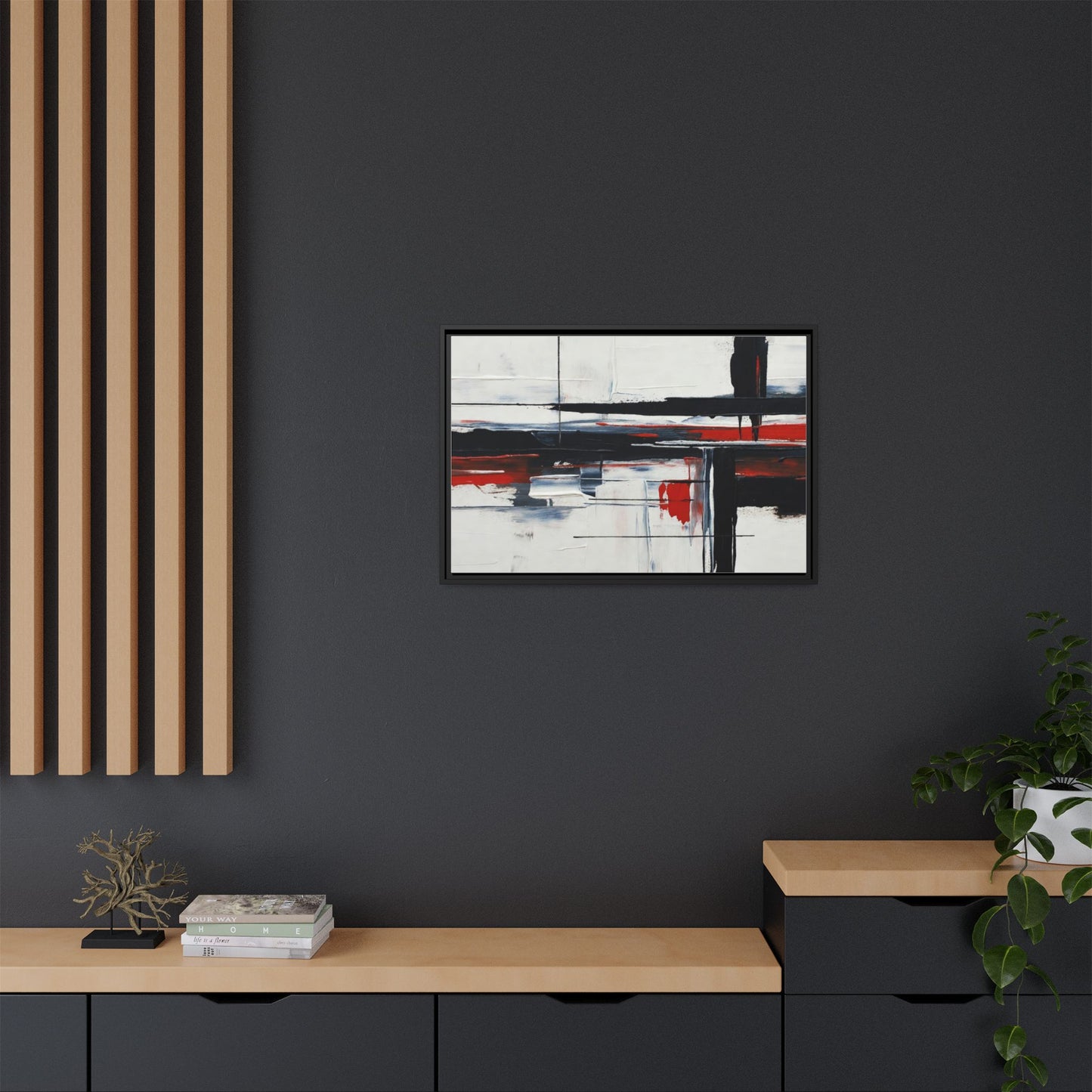 Abstract Red & Black Framed Canvas Art — Modern Matte Wall Painting
