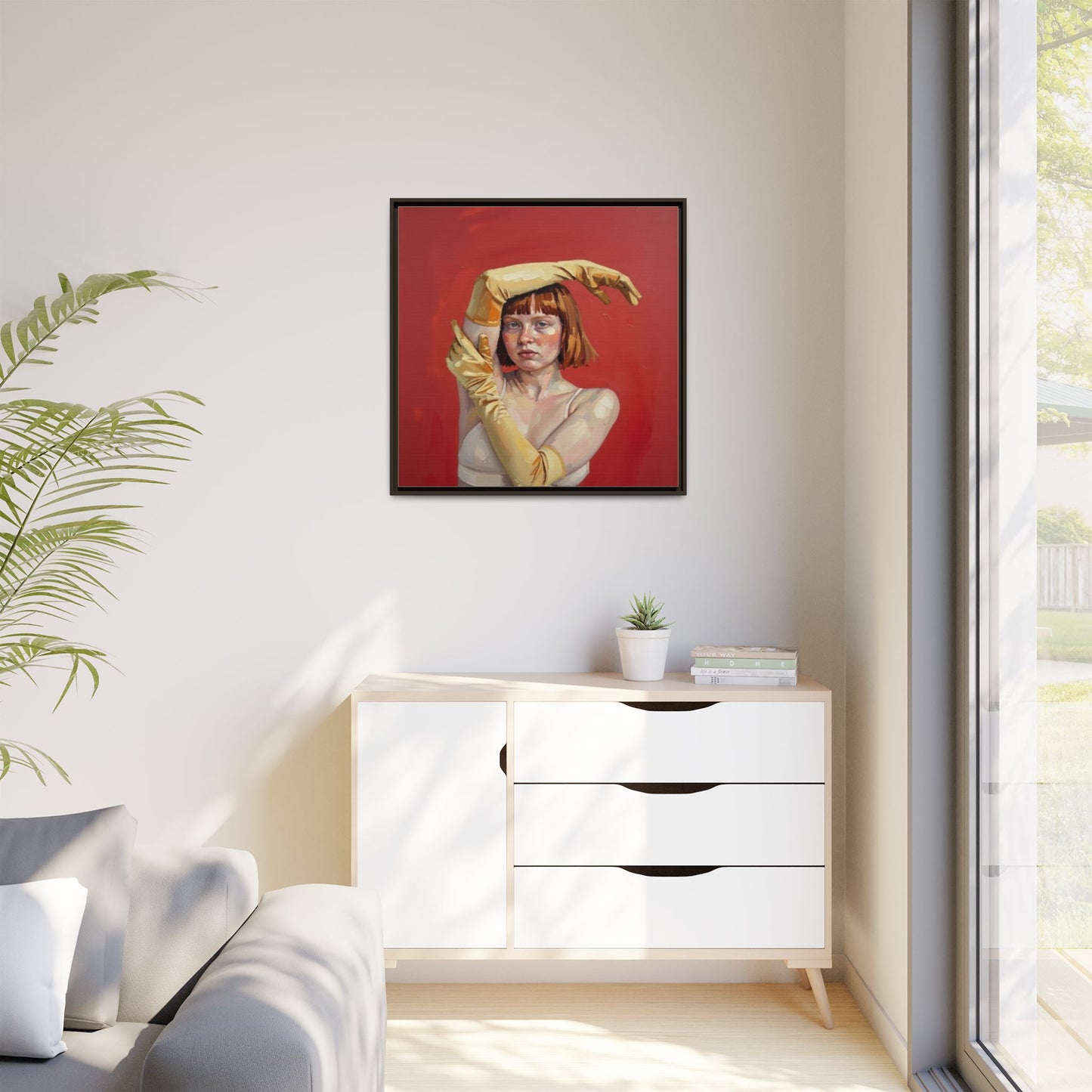 Framed Matte Canvas Art - Portrait of Woman in Yellow Gloves (Red Background)