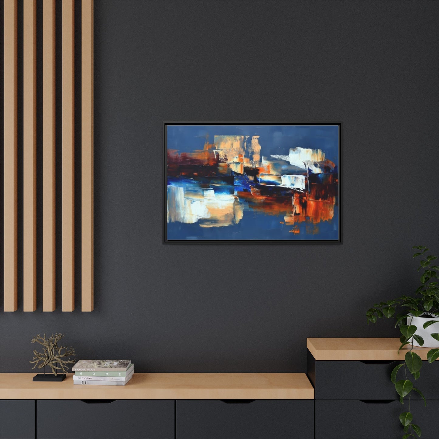 Abstract Blue & Rust Framed Canvas Art — Modern Matte Wall Painting
