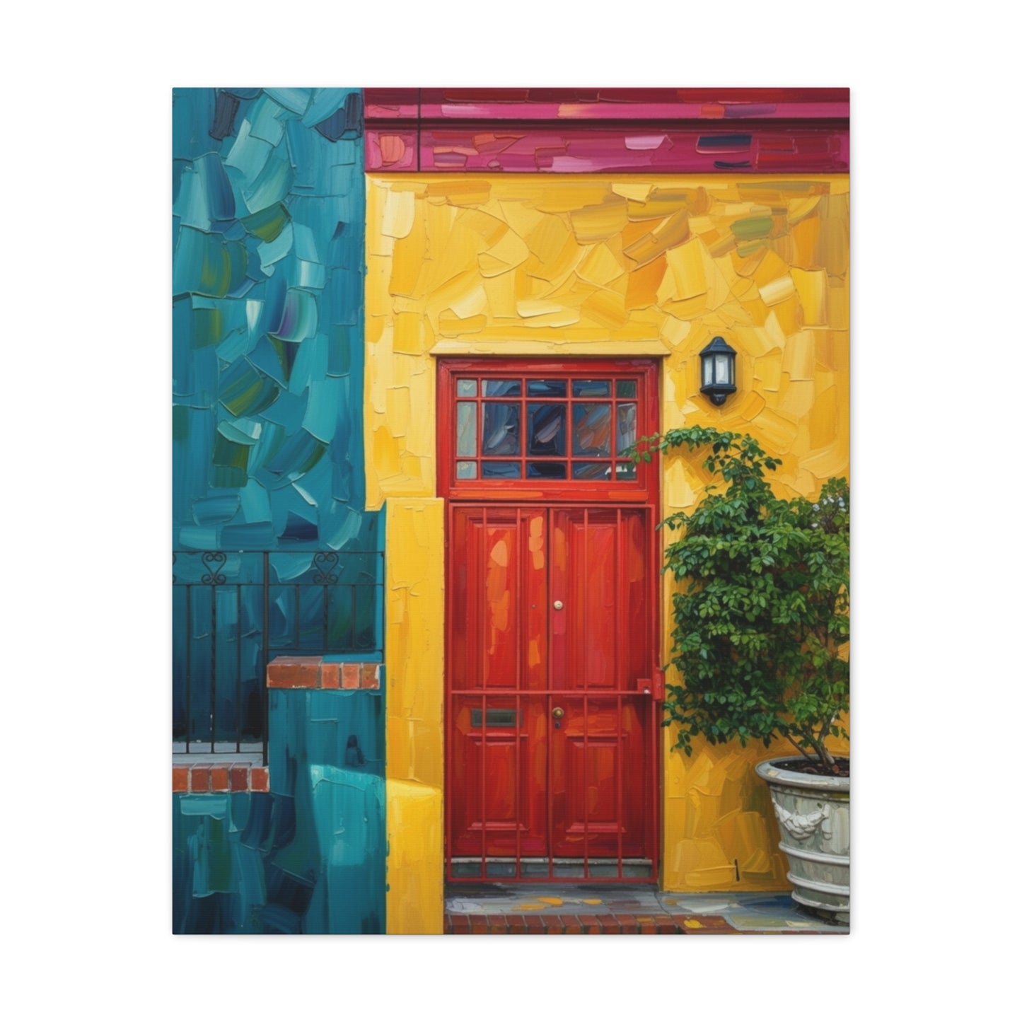 Colorful Doorway Canvas Wall Art — Vibrant Yellow & Teal Street Scene, Matte Stretched Print