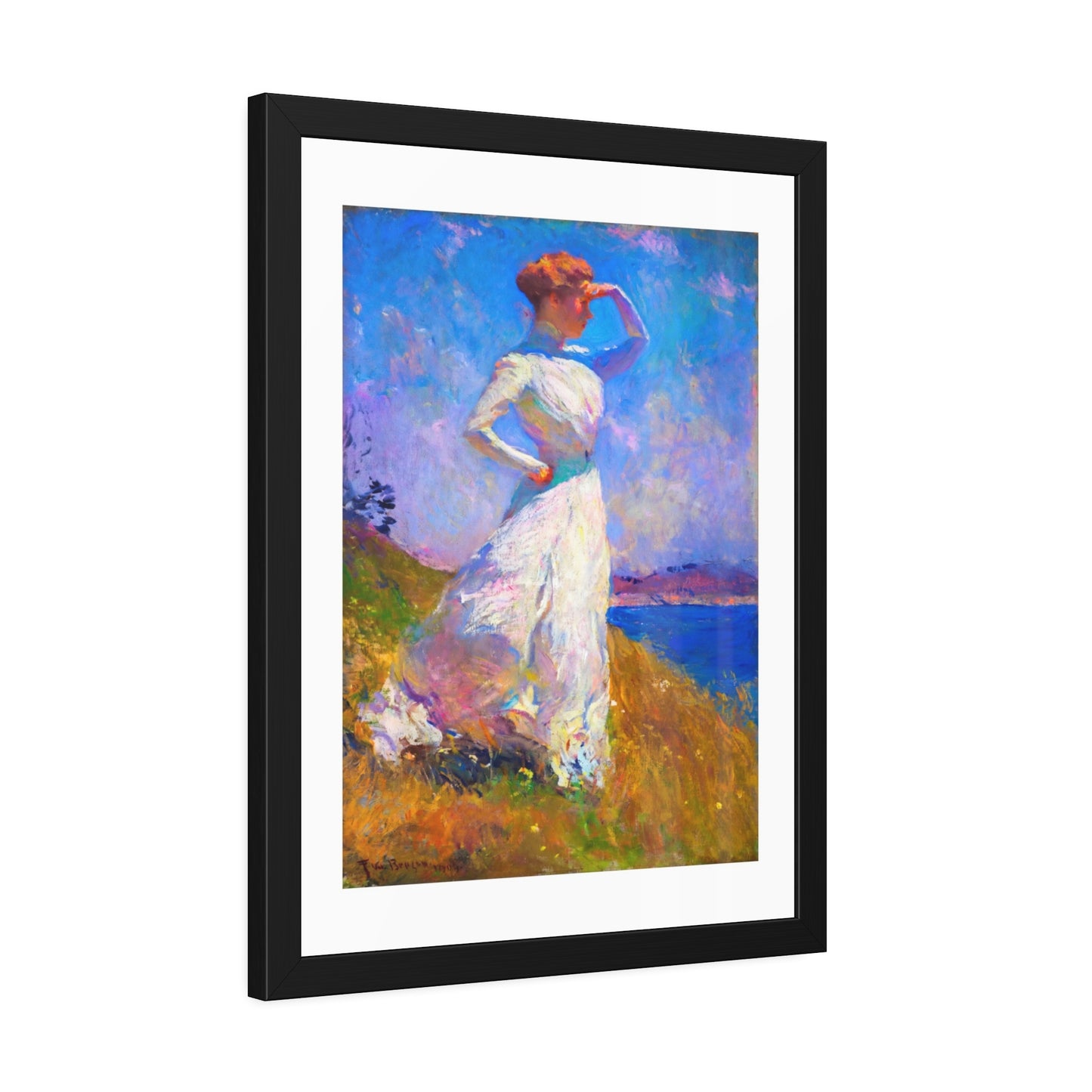 Coastal Impressionist Framed Poster — Woman in White Seaside Art Print