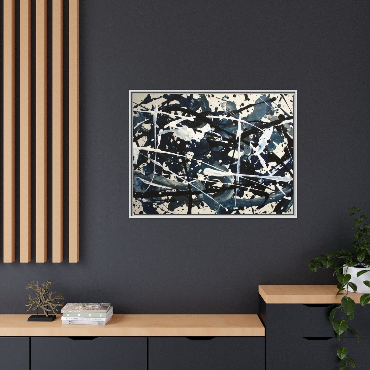 Abstract Splatter Matte Canvas Framed Wall Art — Black & Blue Modern Art Print