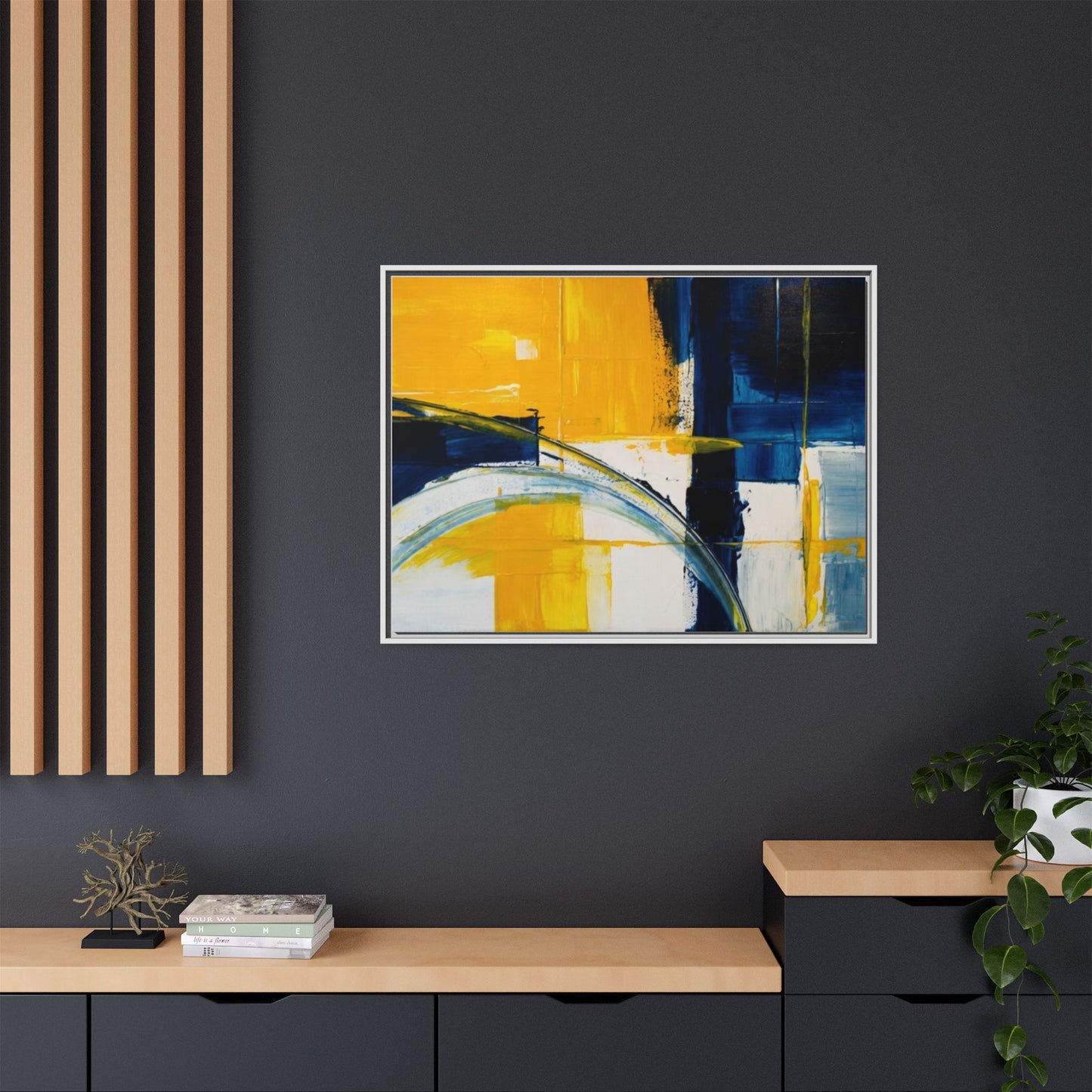 Abstract Yellow & Blue Framed Canvas Wall Art — Modern Matte Canvas Print