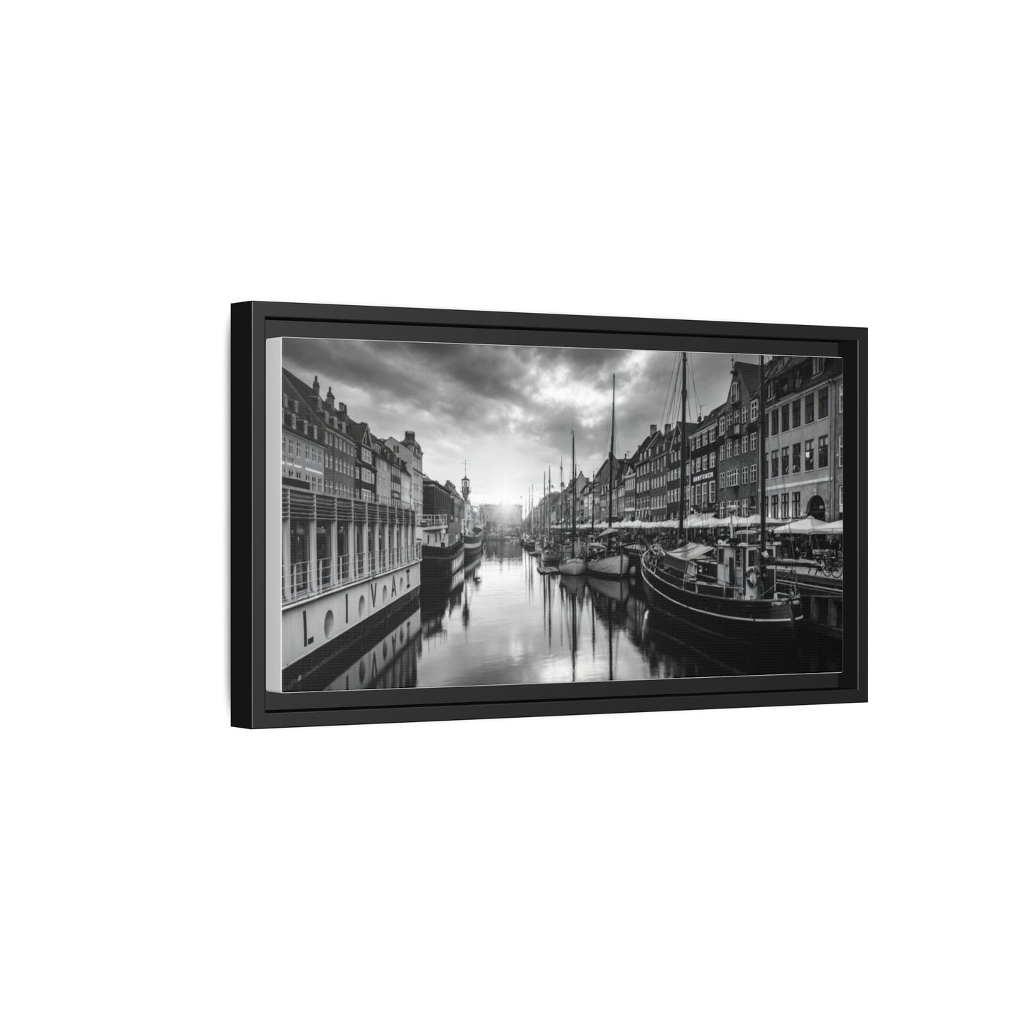 Framed Matte Canvas: Black & White Dutch Canal Photography Wall Art
