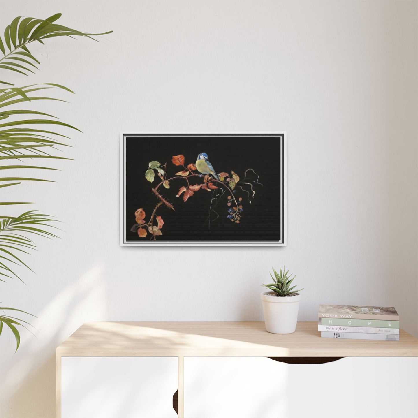 Framed Matte Canvas - Blue Tit on Autumn Branch Wall Art
