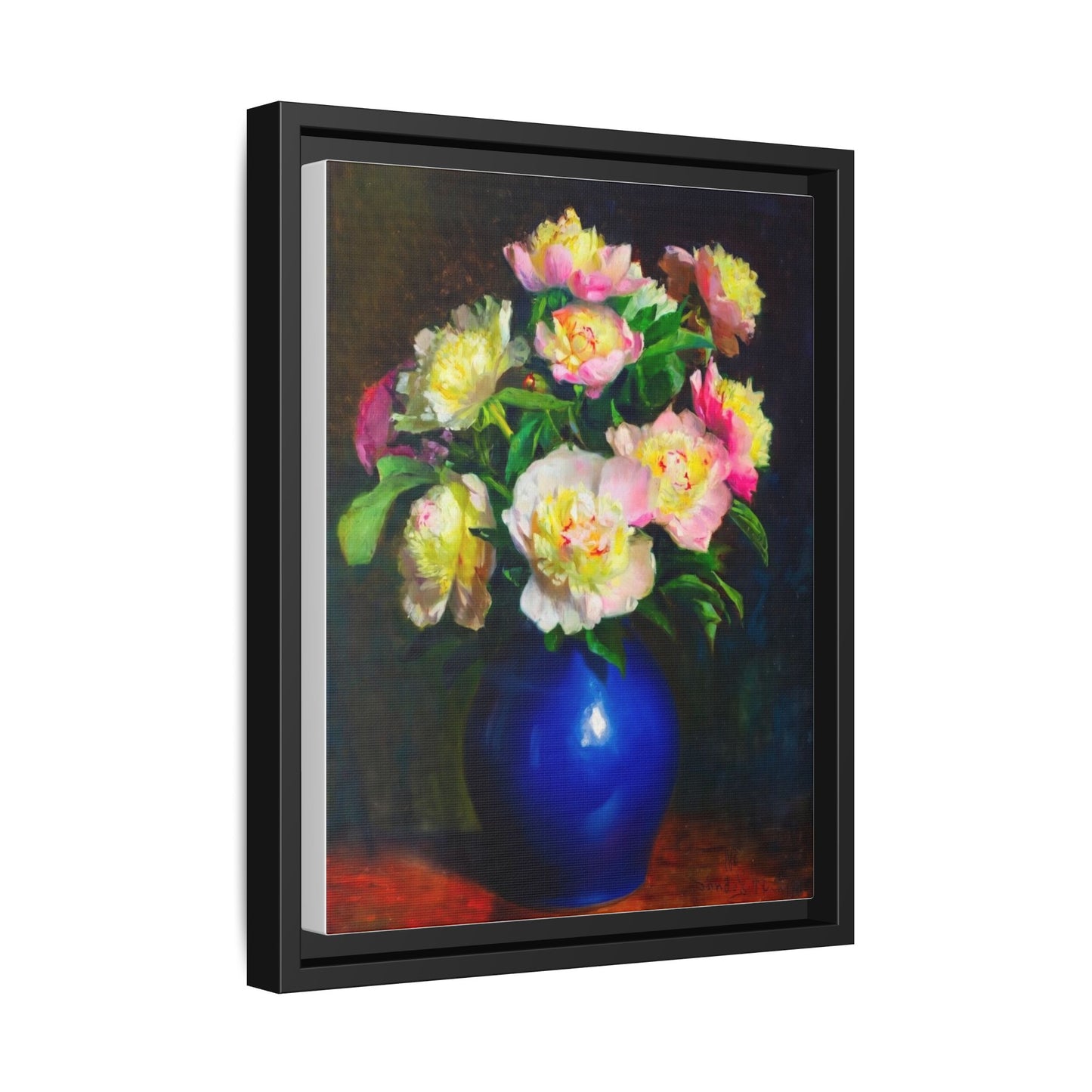 Framed Matte Canvas Wall Art — Vintage Floral Bouquet in Blue Vase