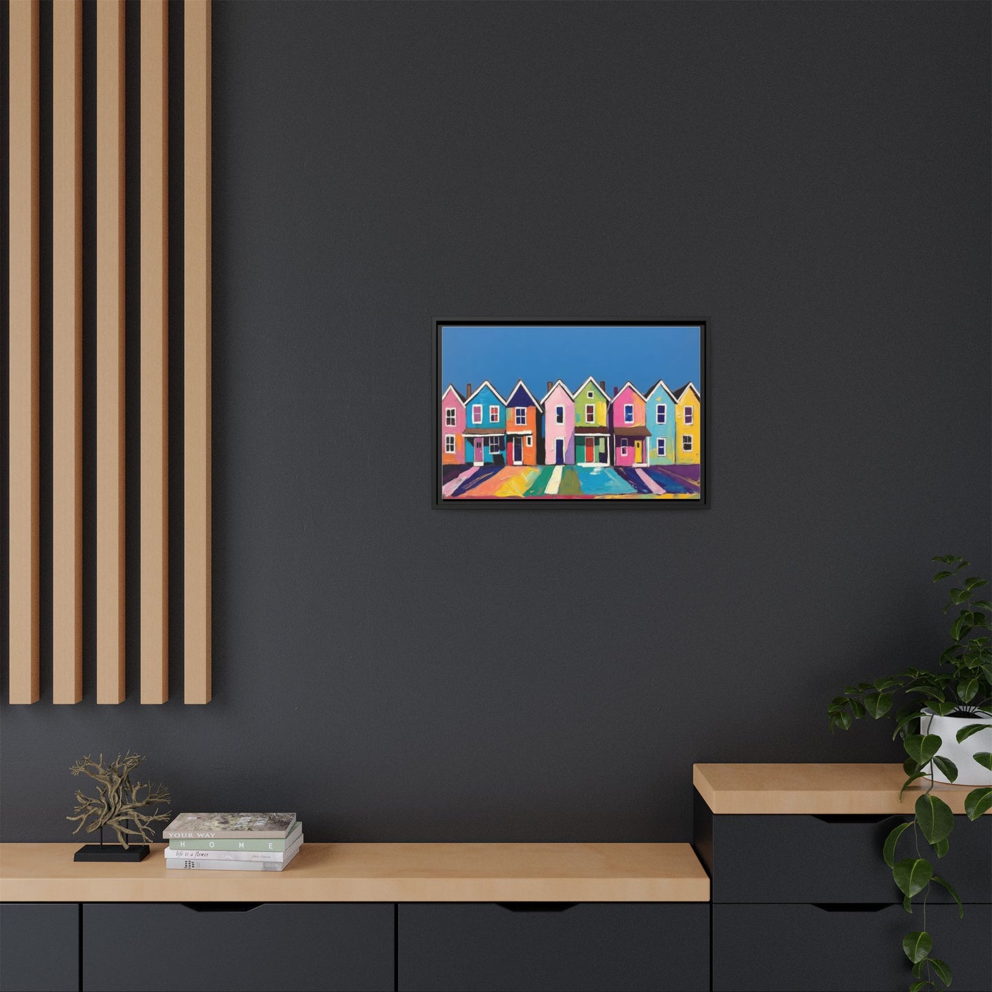 Colorful Beach Houses Matte Canvas Framed Wall Art
