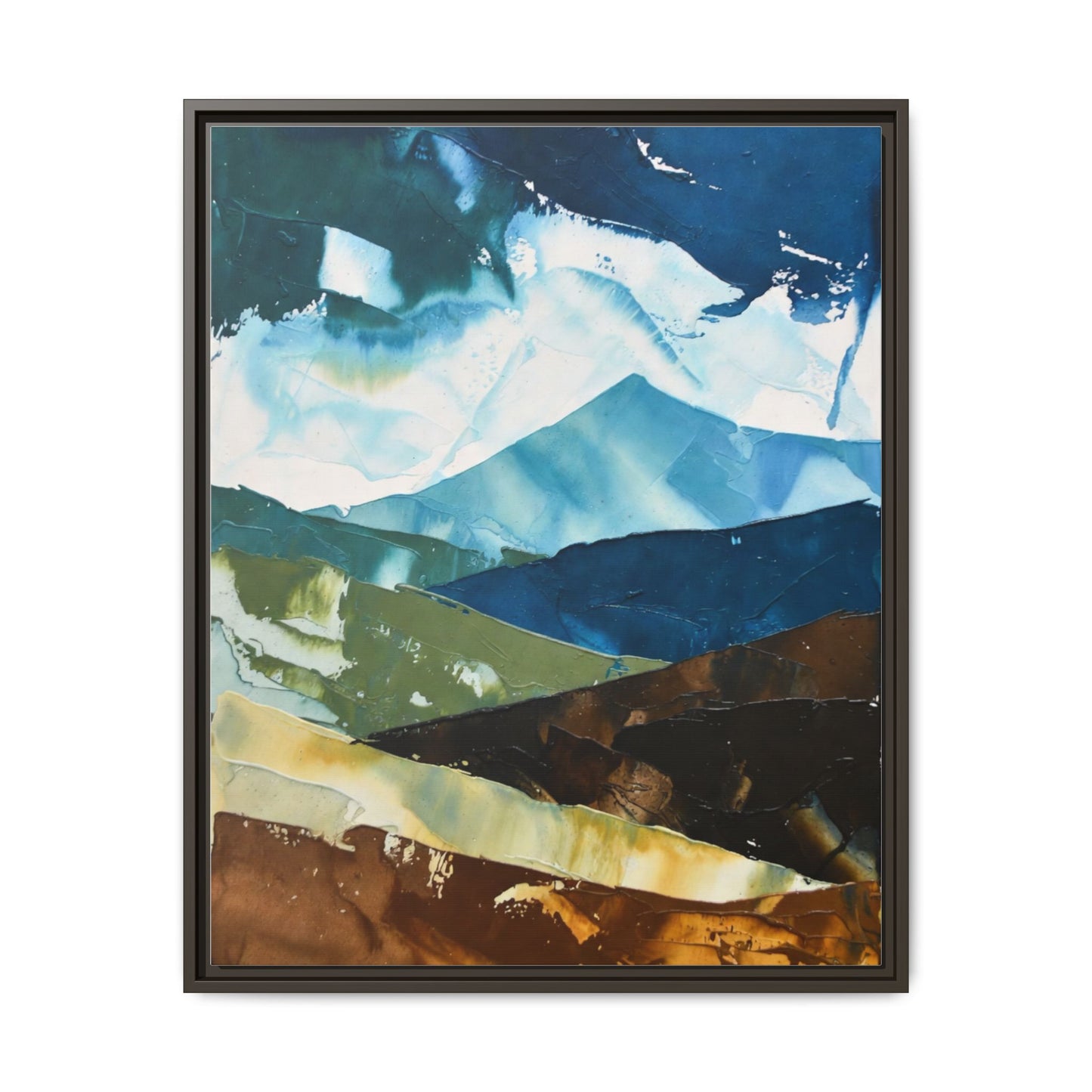 Framed Abstract Mountain Canvas Art — Blue & Earthtone Landscape Print