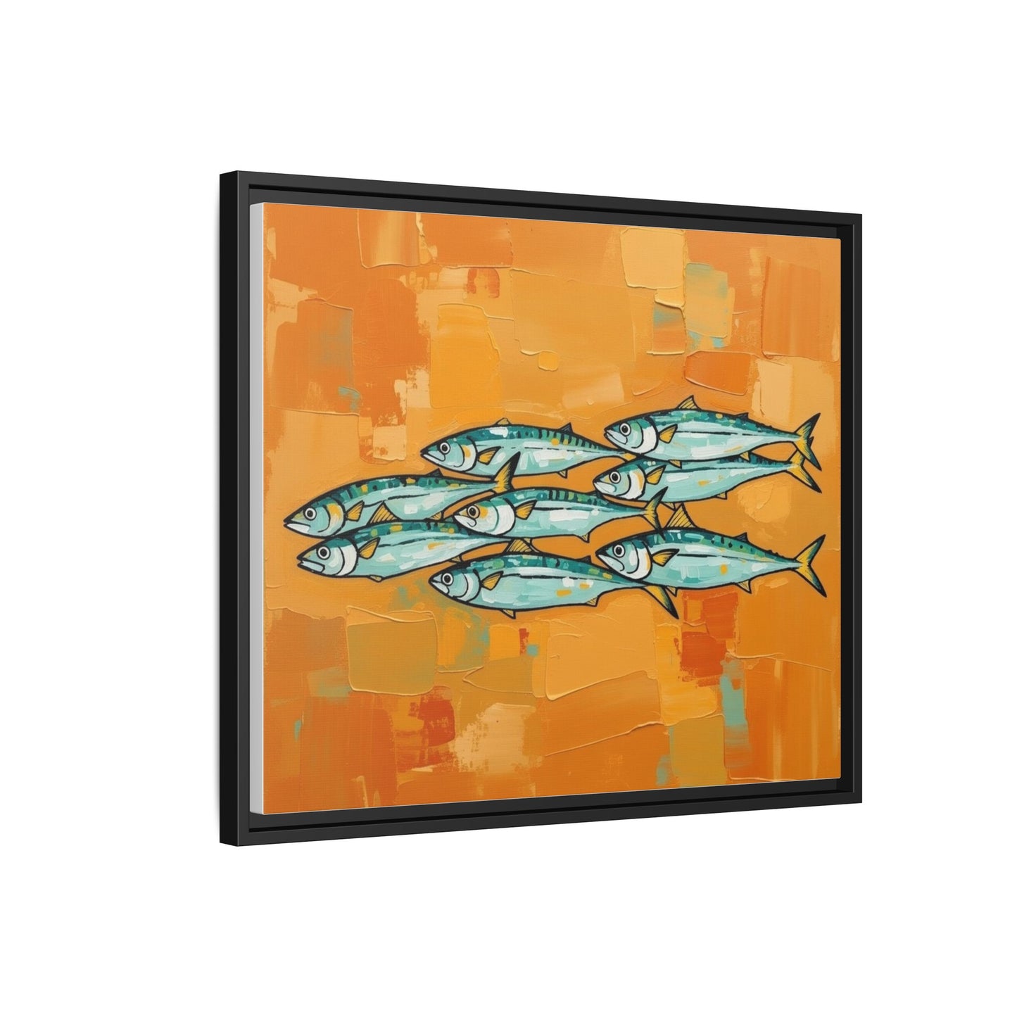 Framed Matte Canvas Print — School of Blue Fish on Orange Abstract Background
