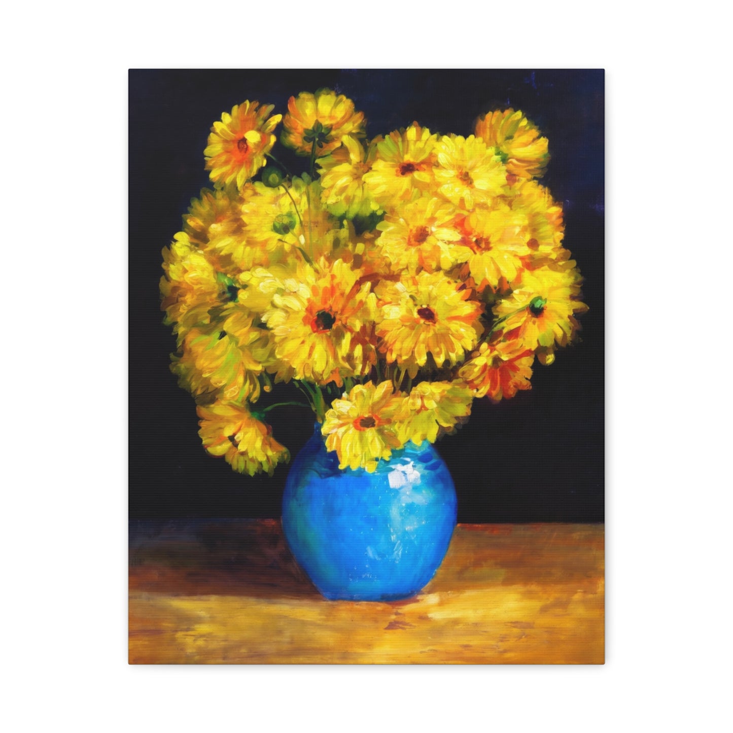 Yellow Chrysanthemum Canvas Wall Art — Blue Vase Floral Painting (Stretched Matte)