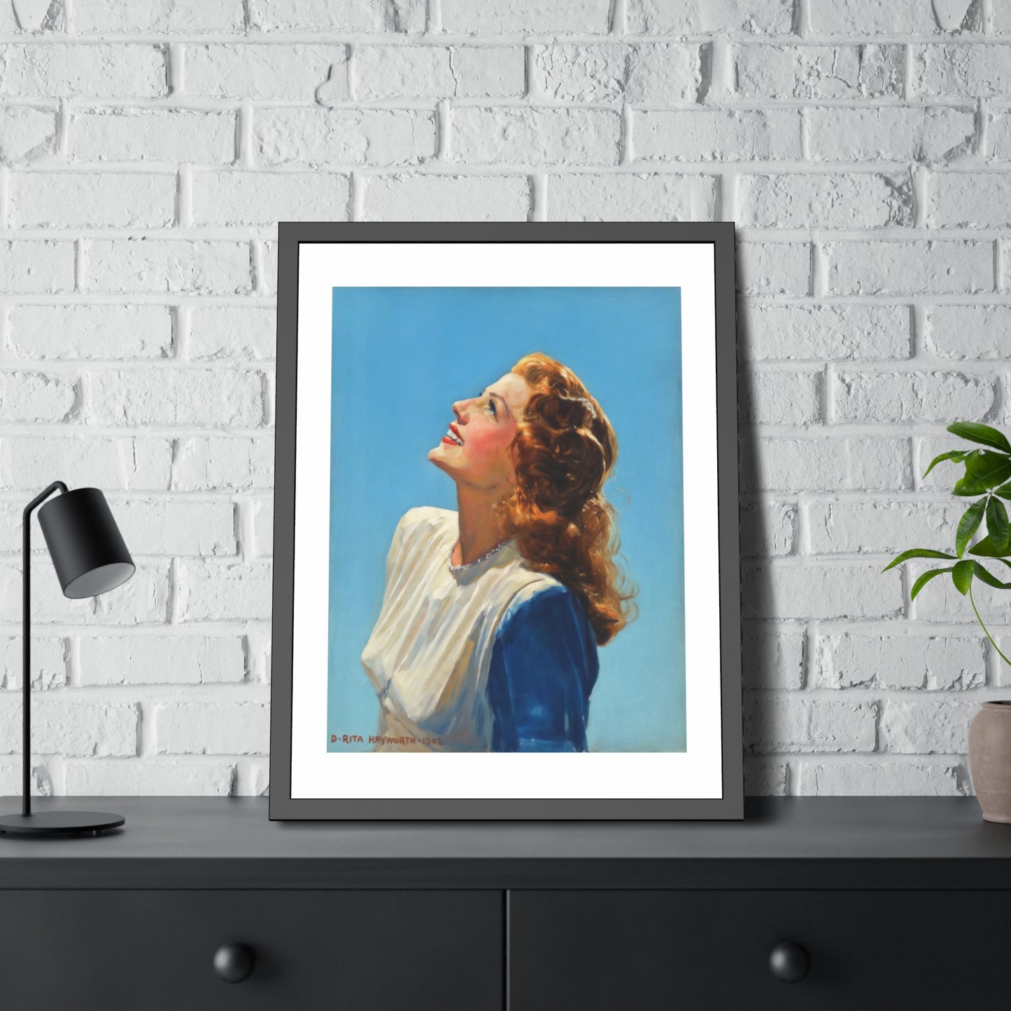 Vintage Rita Hayworth Looking Up Framed Art Print — Retro Mid-century Poster