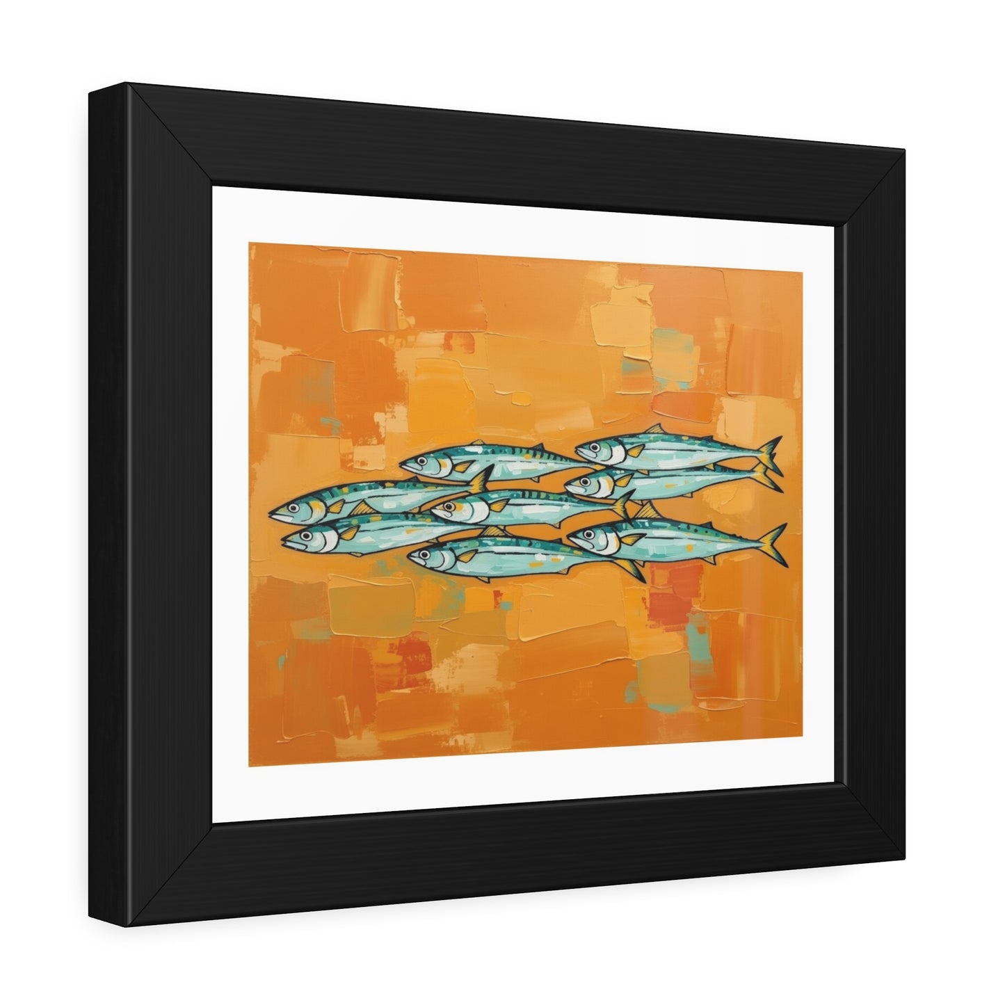 Framed Fish Art Print — School of Mackerel on Orange Abstract Background