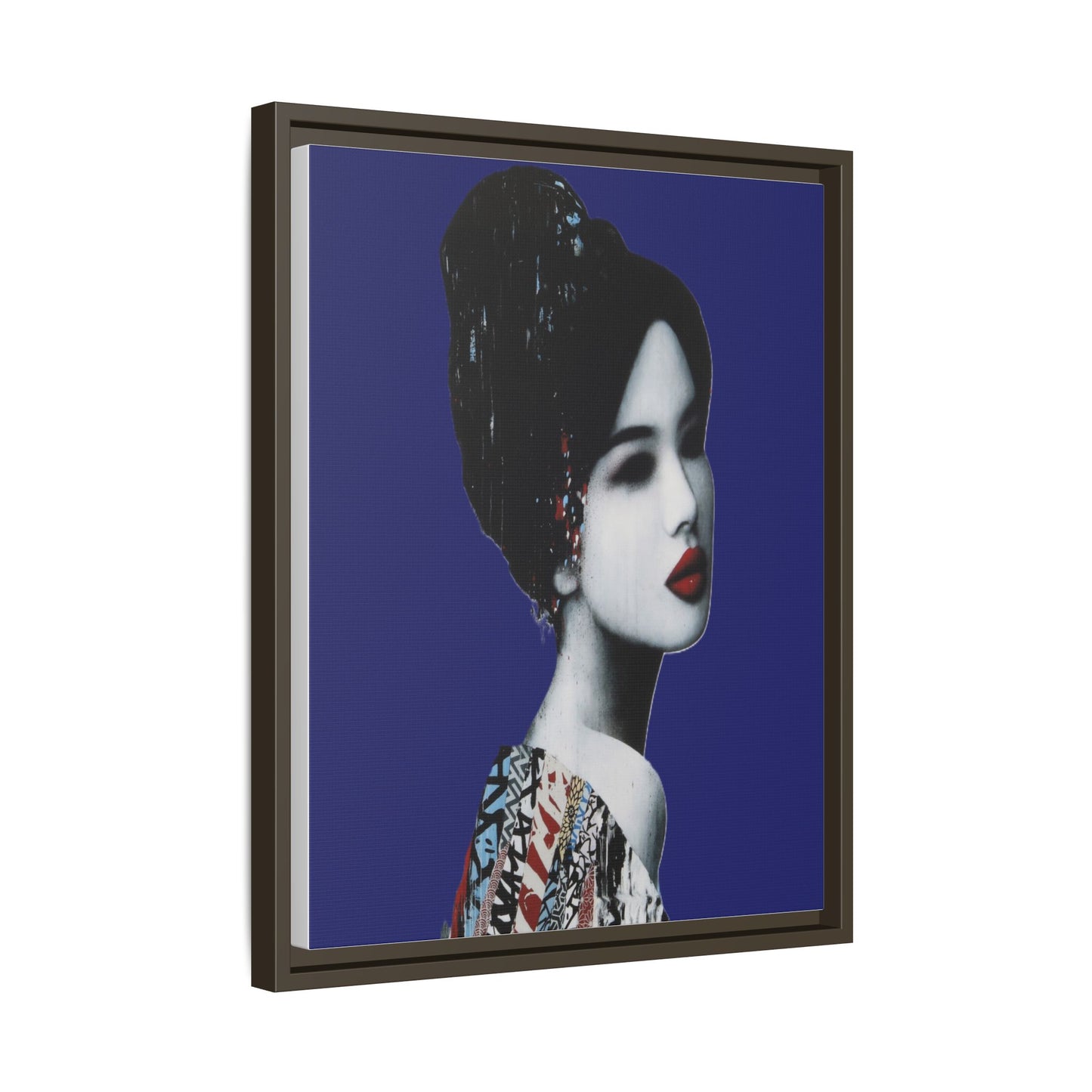 Framed Matte Canvas Art — Elegant Geisha Portrait on Deep Blue