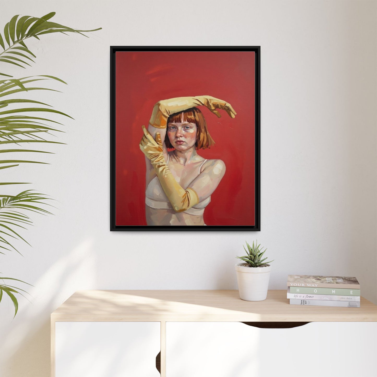 Framed Matte Canvas Art - Portrait of Woman in Yellow Gloves (Red Background)