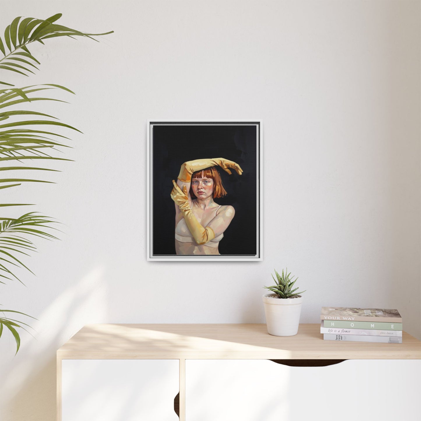 Framed Matte Canvas Art – Portrait of Woman in Yellow Gloves