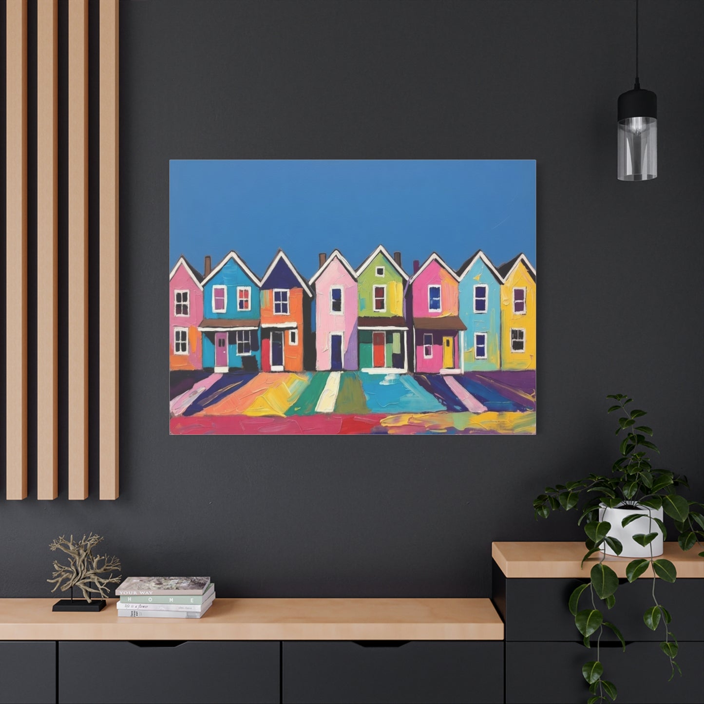 Colorful Row Houses Matte Canvas Print Vibrant Coastal Neighborhood Wall Art