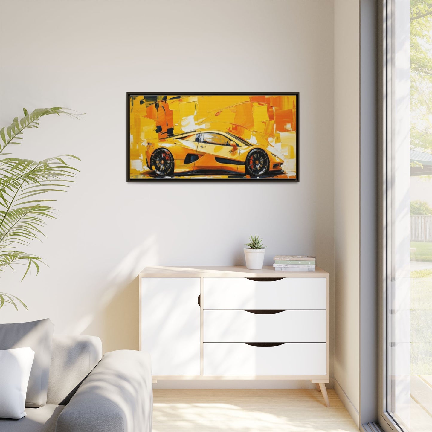 Yellow Sports Car Abstract Matte Canvas Framed Print