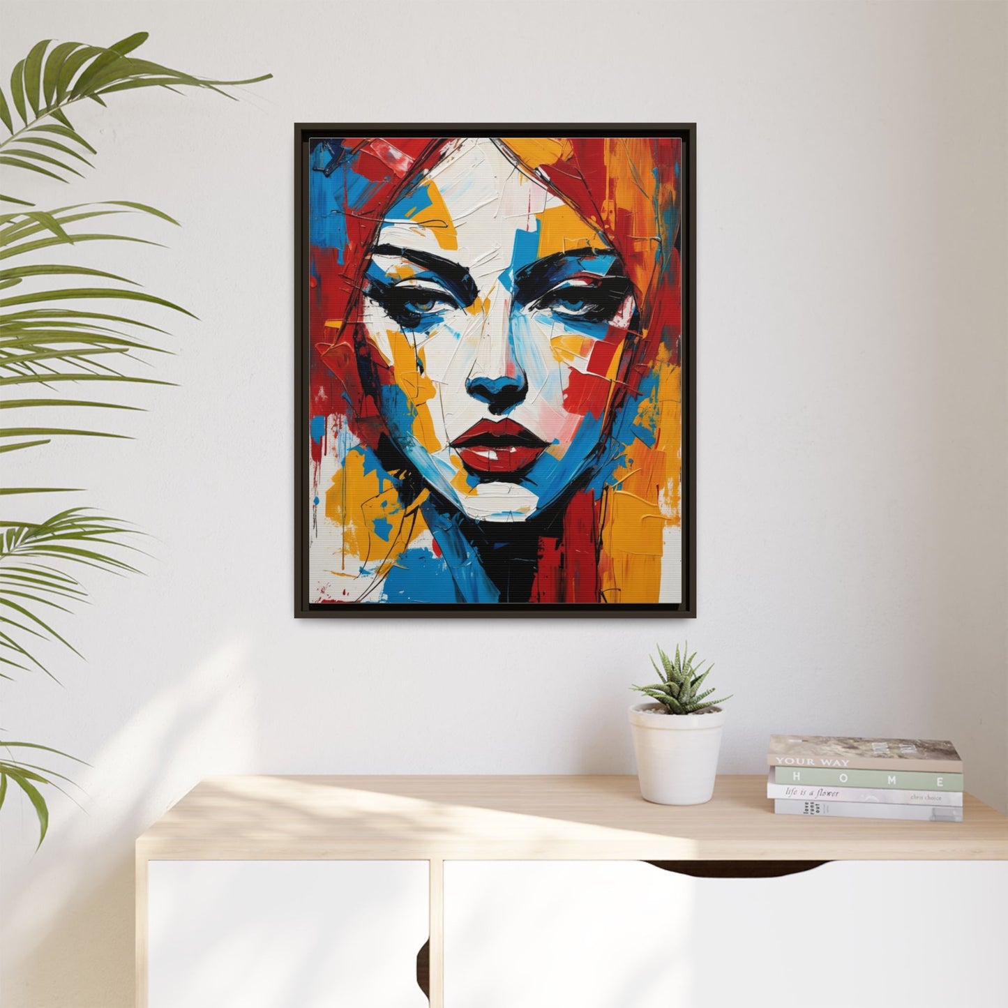 Framed Abstract Portrait Canvas — Colorful Female Face Wall Art