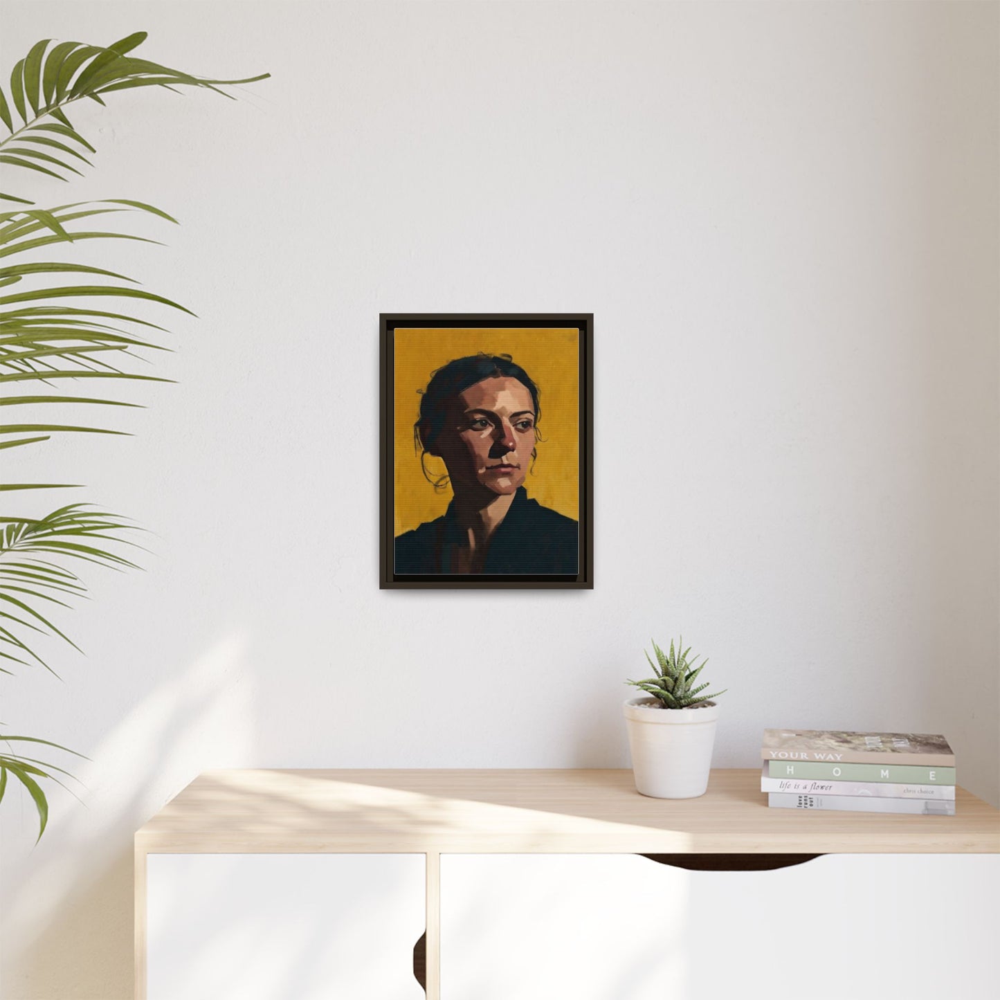 Framed Matte Canvas Portrait Art — Moody Woman on Mustard Background