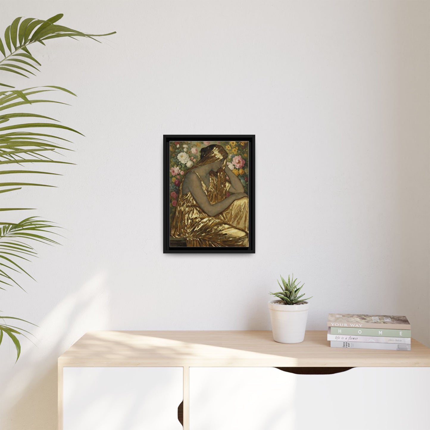 Framed Canvas Art Print — Golden Muse Woman with Floral Background