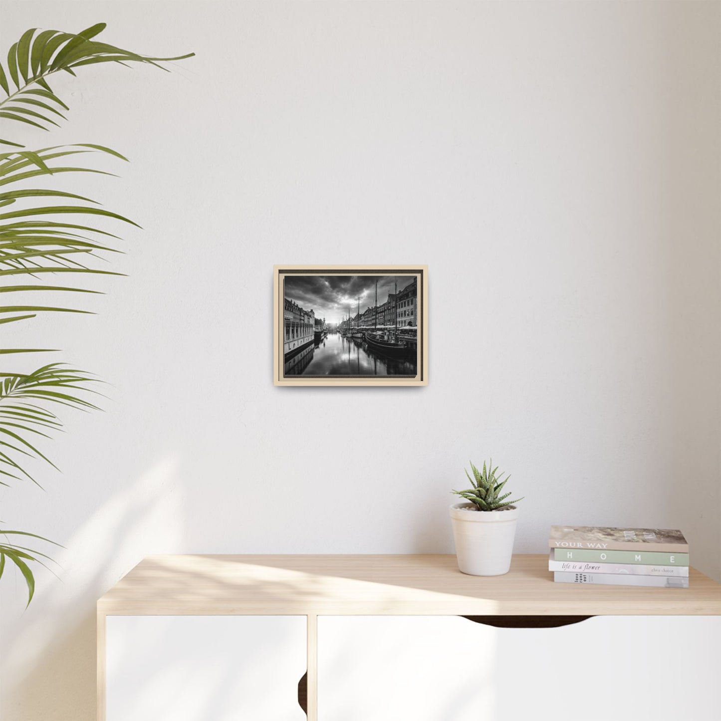 Framed Matte Canvas: Black & White Dutch Canal Photography Wall Art