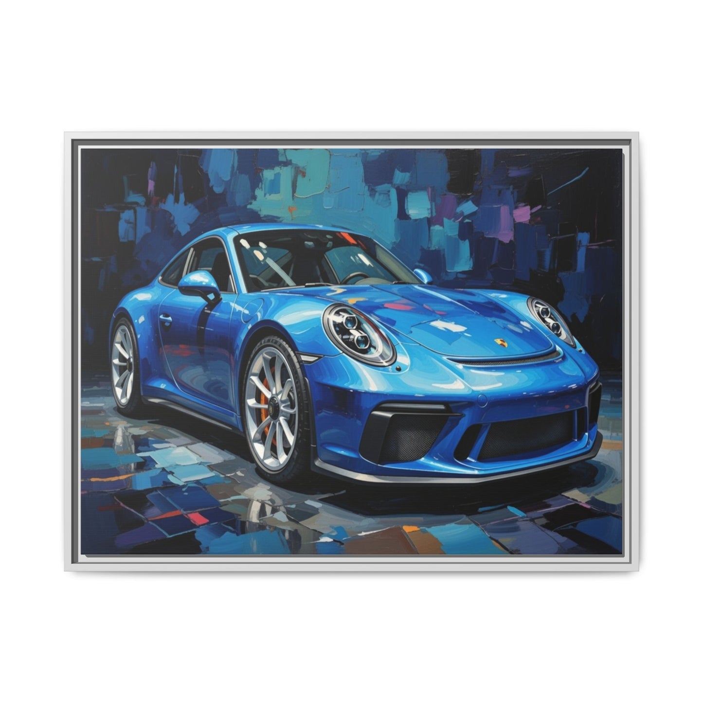 Blue Sports Car Matte Canvas Framed Print — Modern Automotive Wall Art