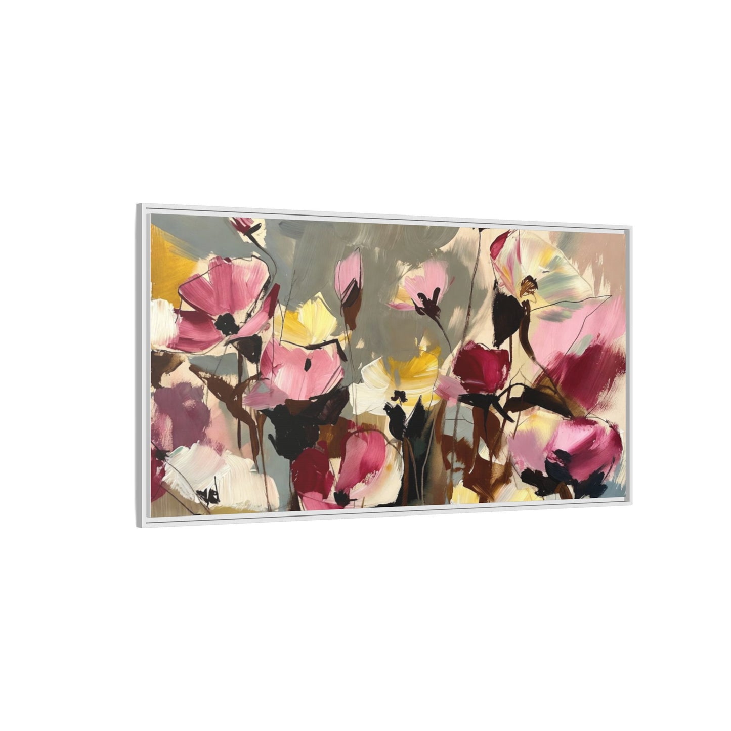 Framed Floral Canvas Wall Art — Abstract Pink & Yellow Flowers