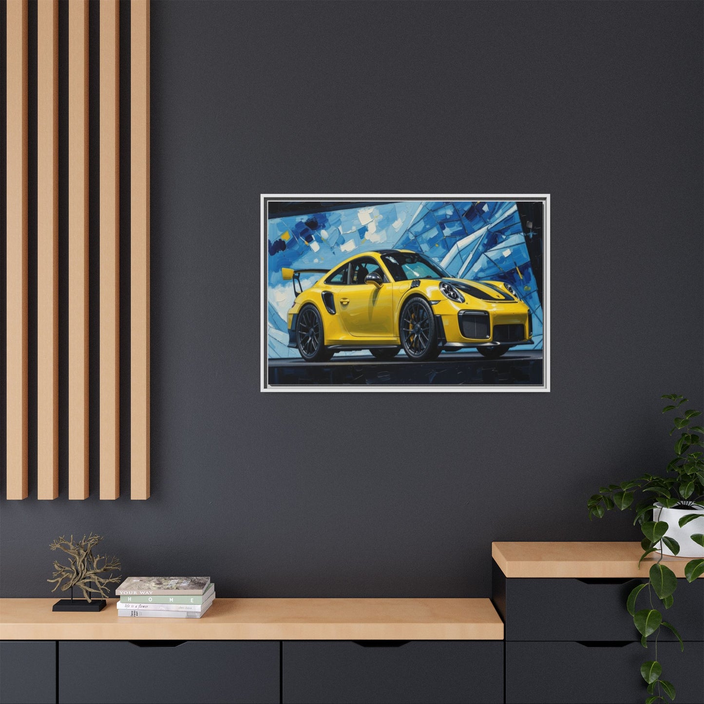 Yellow Porsche Sports Car Matte Framed Canvas – Modern Automotive Wall Art
