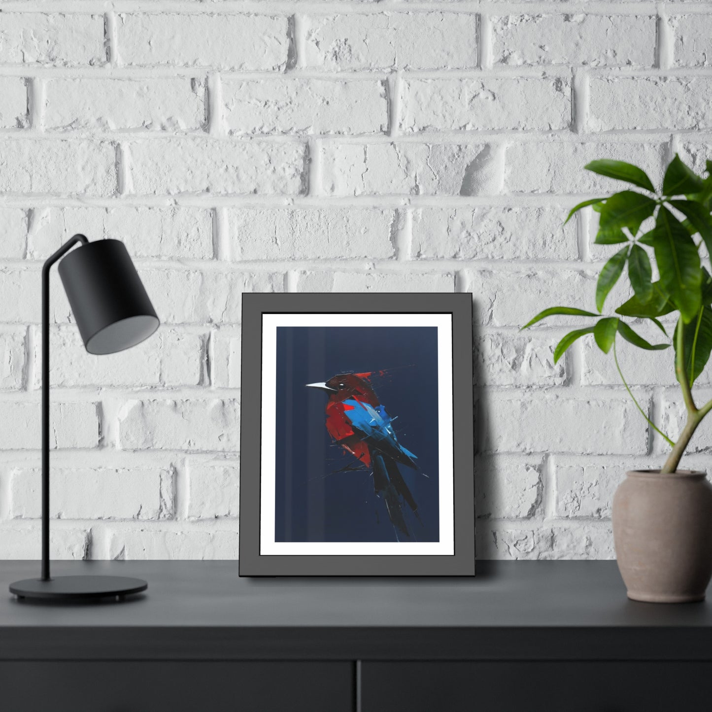 Framed Bird Art Print — Modern Red & Blue Kingfisher Poster