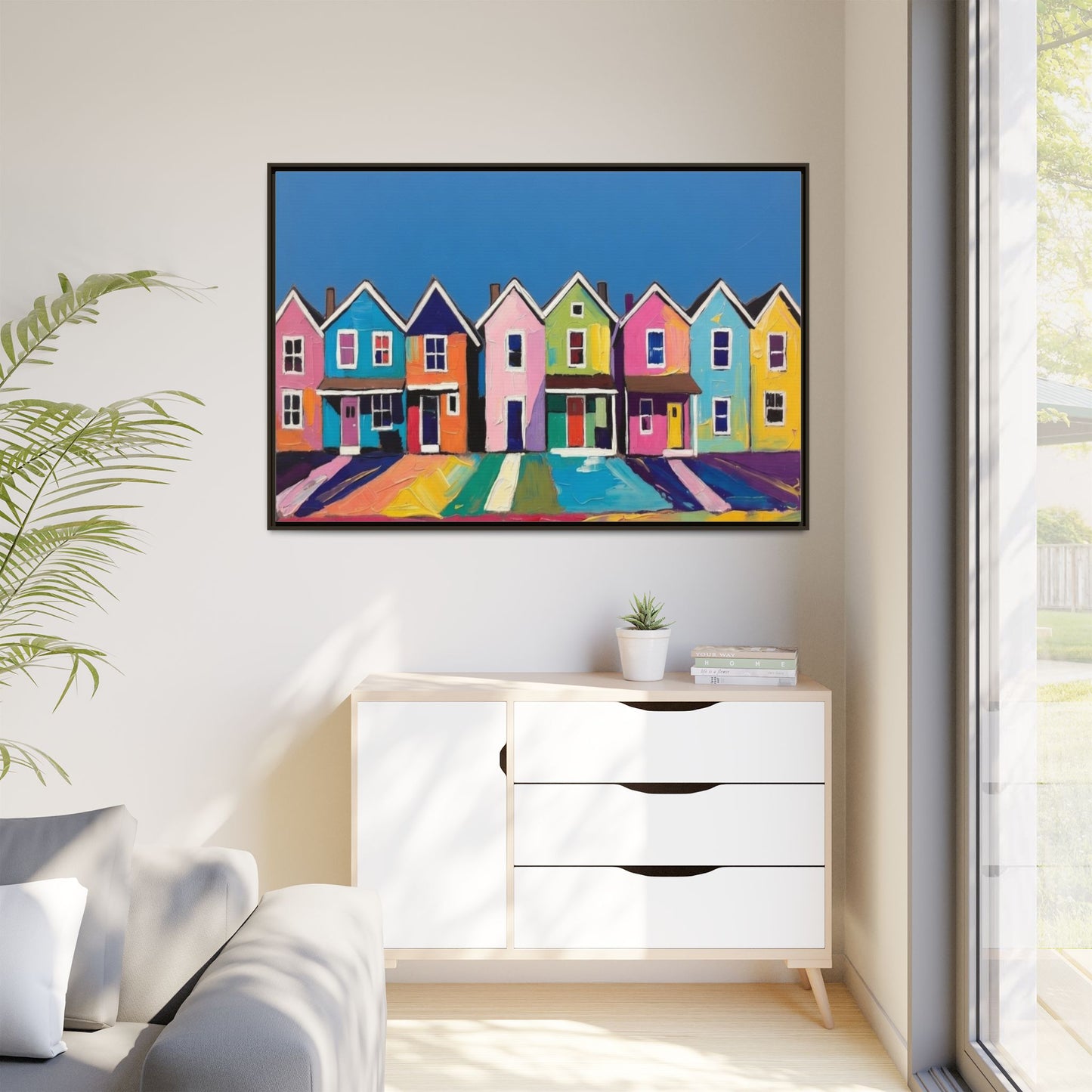Colorful Beach Houses Matte Canvas Framed Wall Art