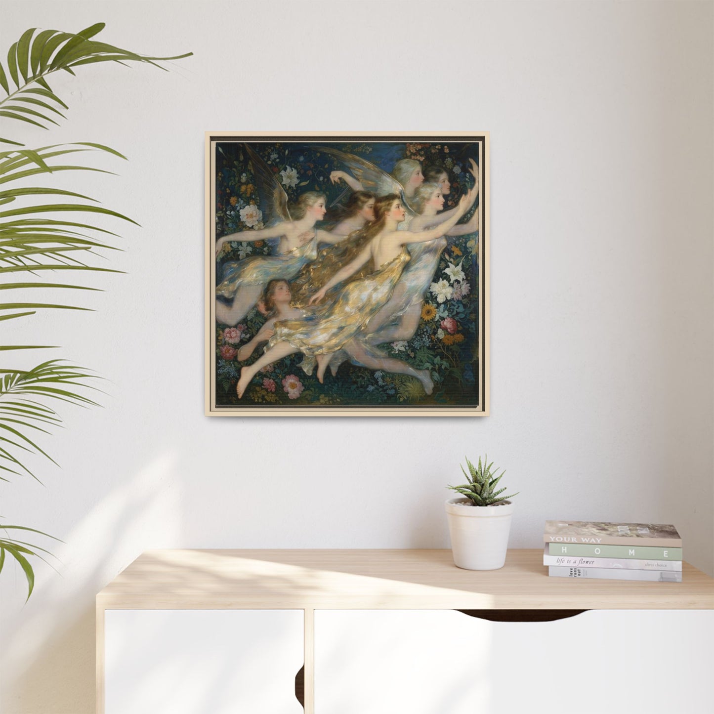 Framed Matte Canvas Wall Art — Vintage Fairies & Floral Painting