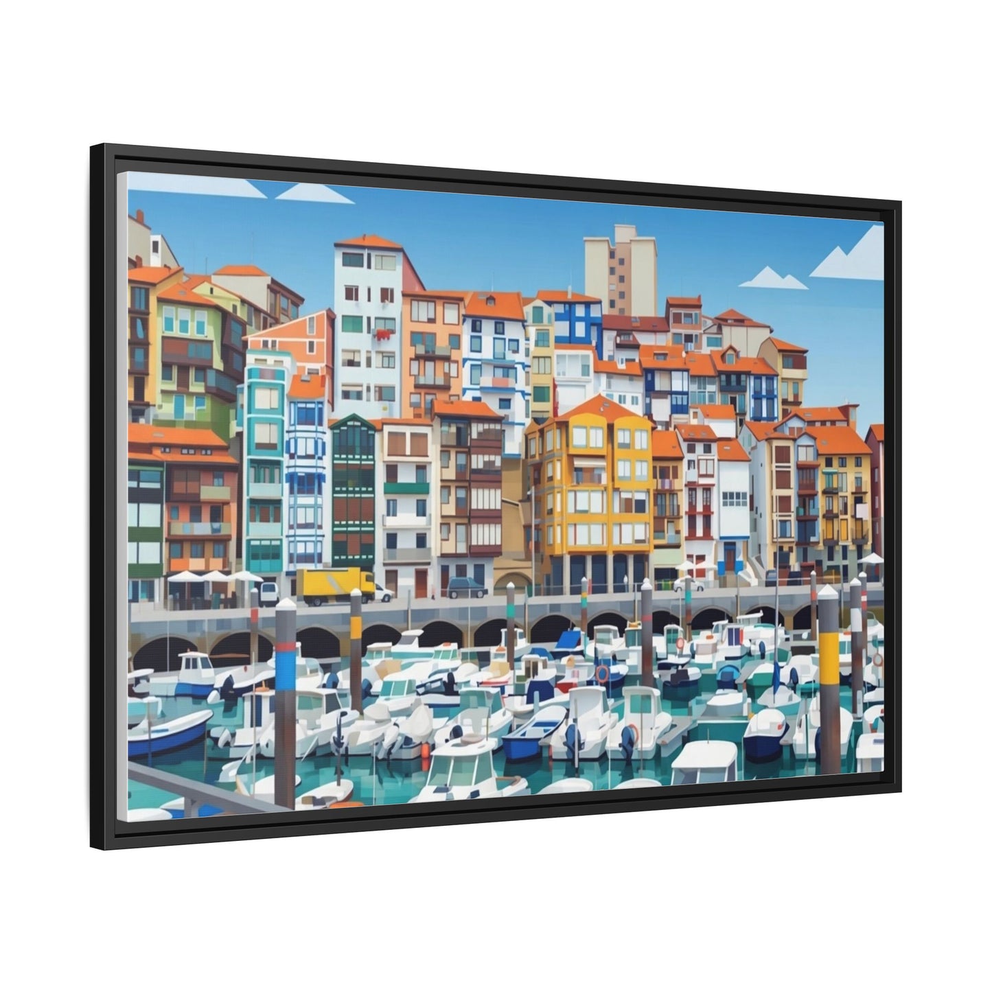 Framed Matte Canvas Print — Colorful Mediterranean Harbor Illustration