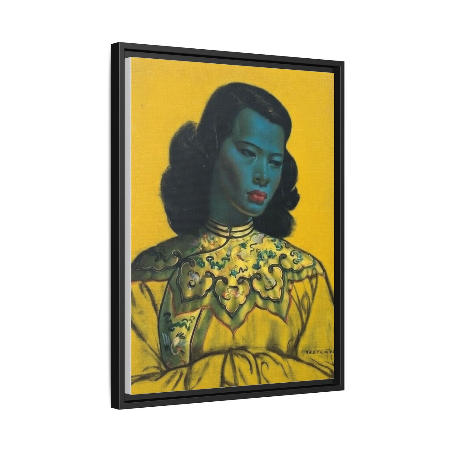 Framed Matte Canvas Art Print — Vintage Portrait with Yellow Background
