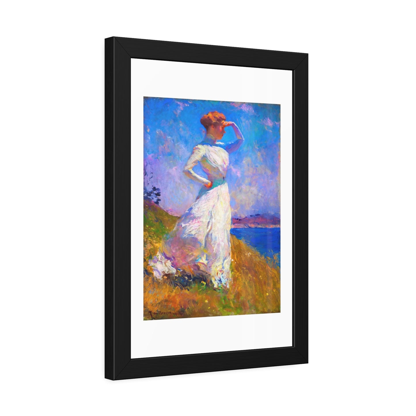 Coastal Impressionist Framed Poster — Woman in White Seaside Art Print