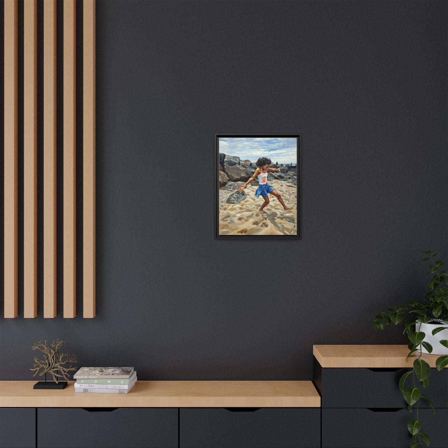 Framed Canvas Art - Girl Dancing on the Beach (Matte Multi-Color)