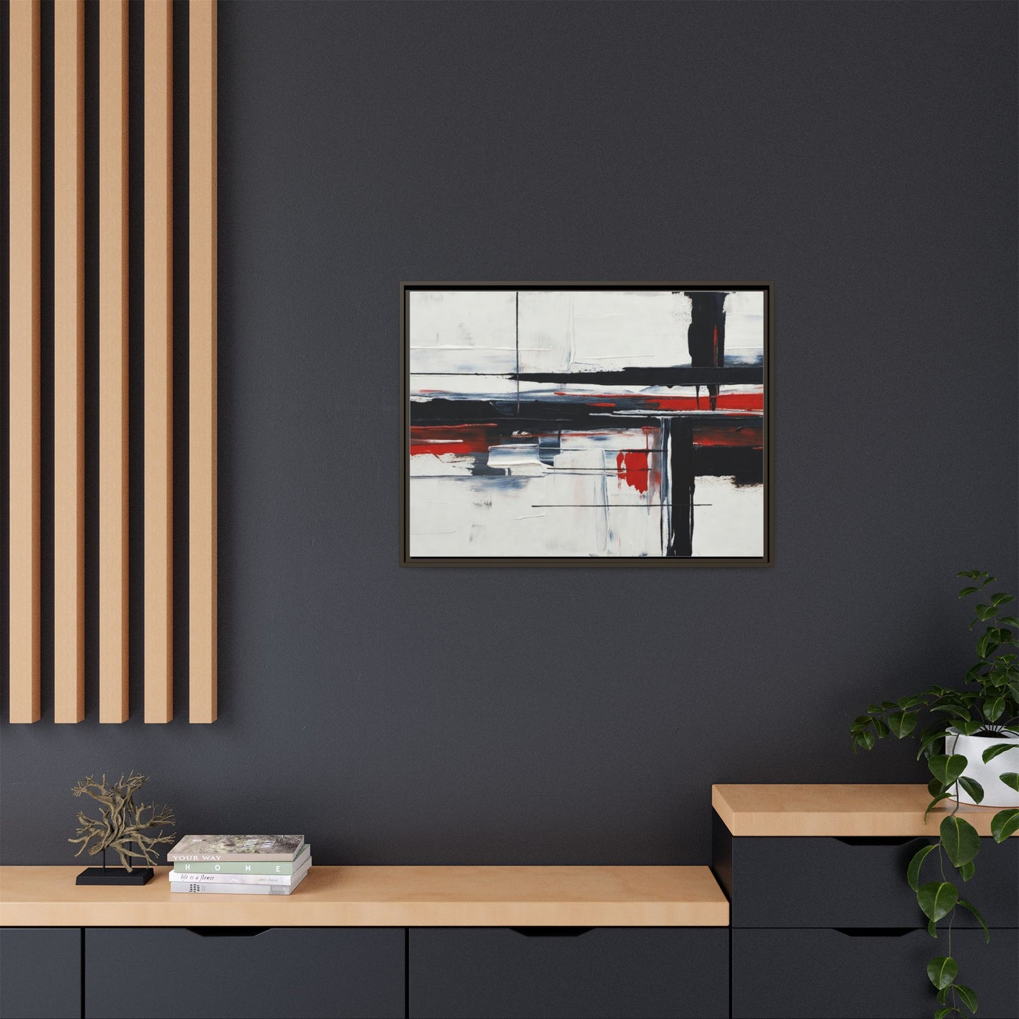 Abstract Red & Black Framed Canvas Art — Modern Matte Wall Painting