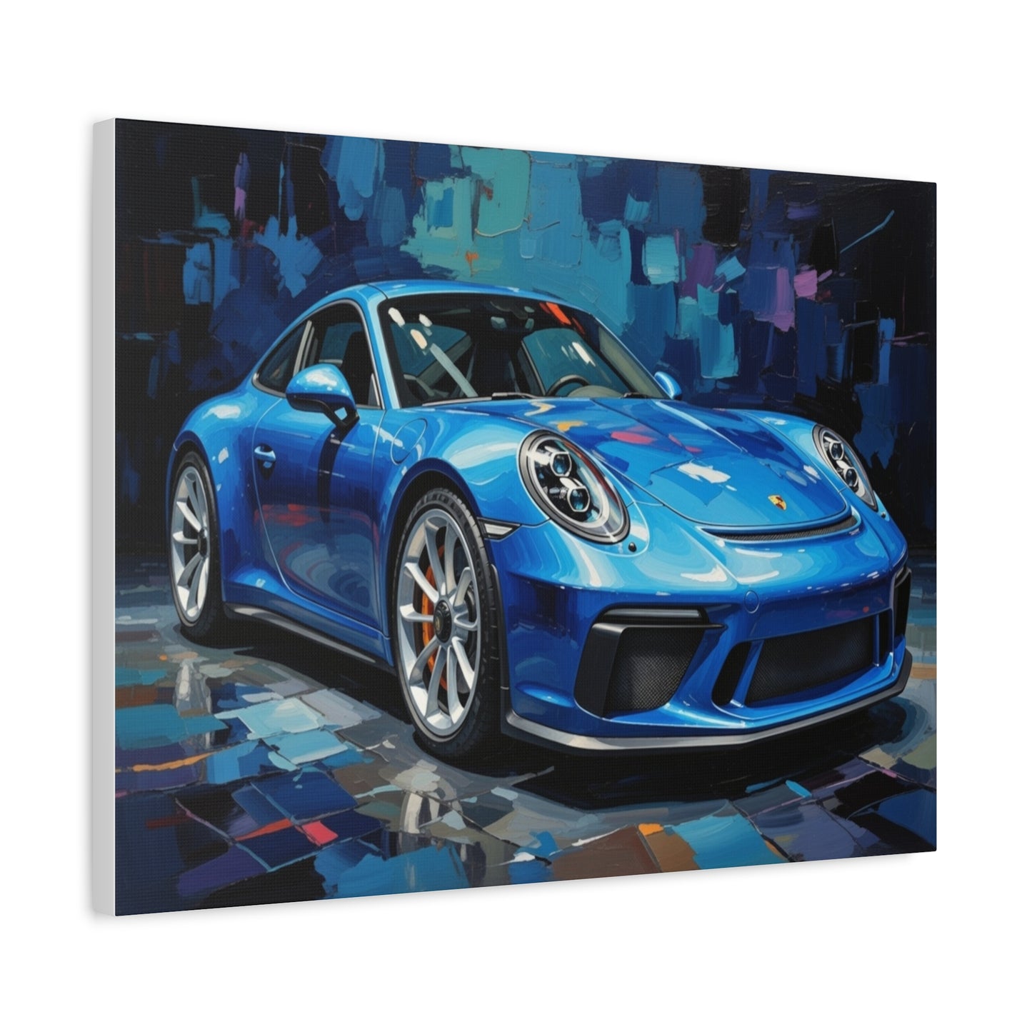 Blue Sports Car Canvas Wall Art — Modern Automotive Painting on Stretched Matte Canvas