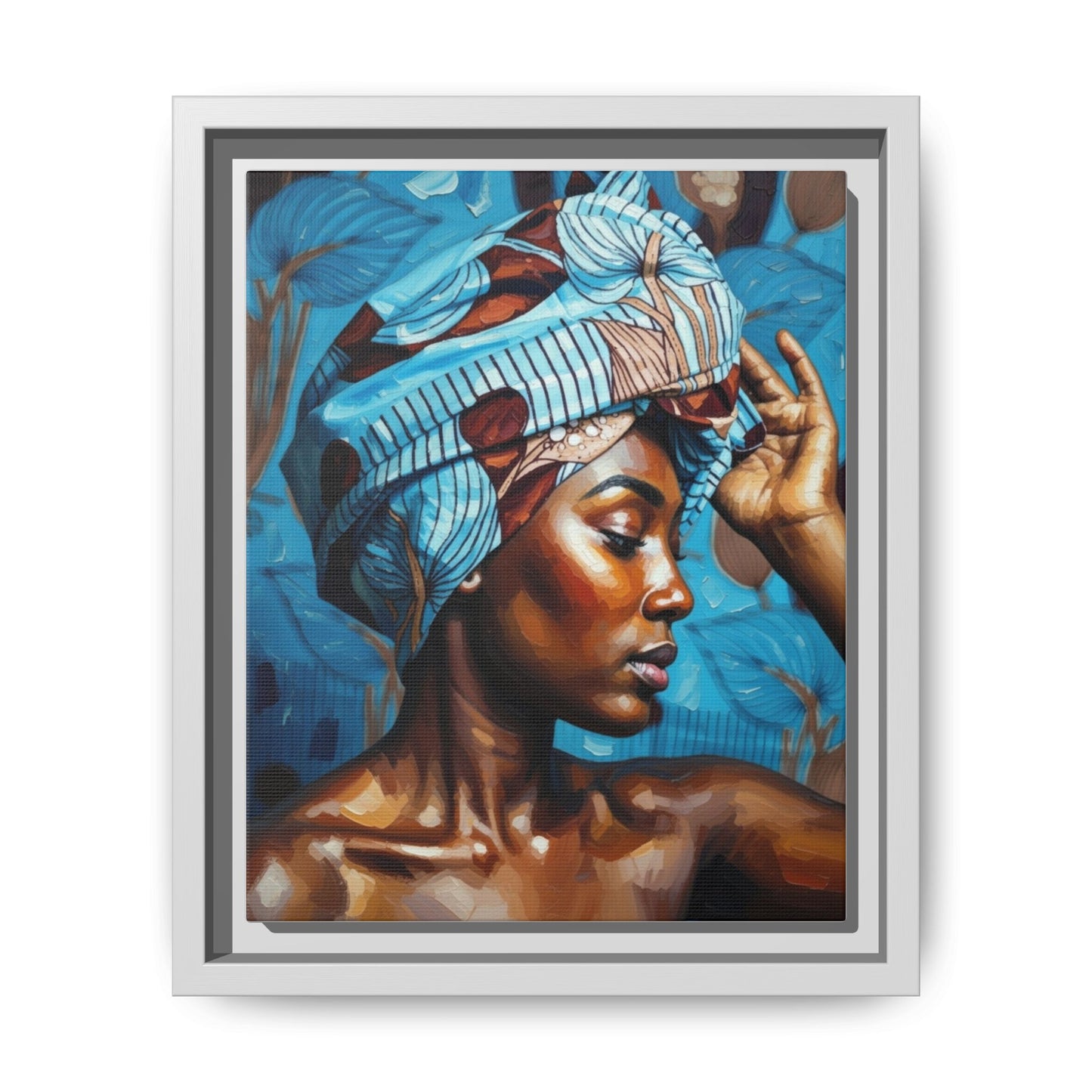 Framed Canvas Art — Portrait of Woman in Blue Headwrap