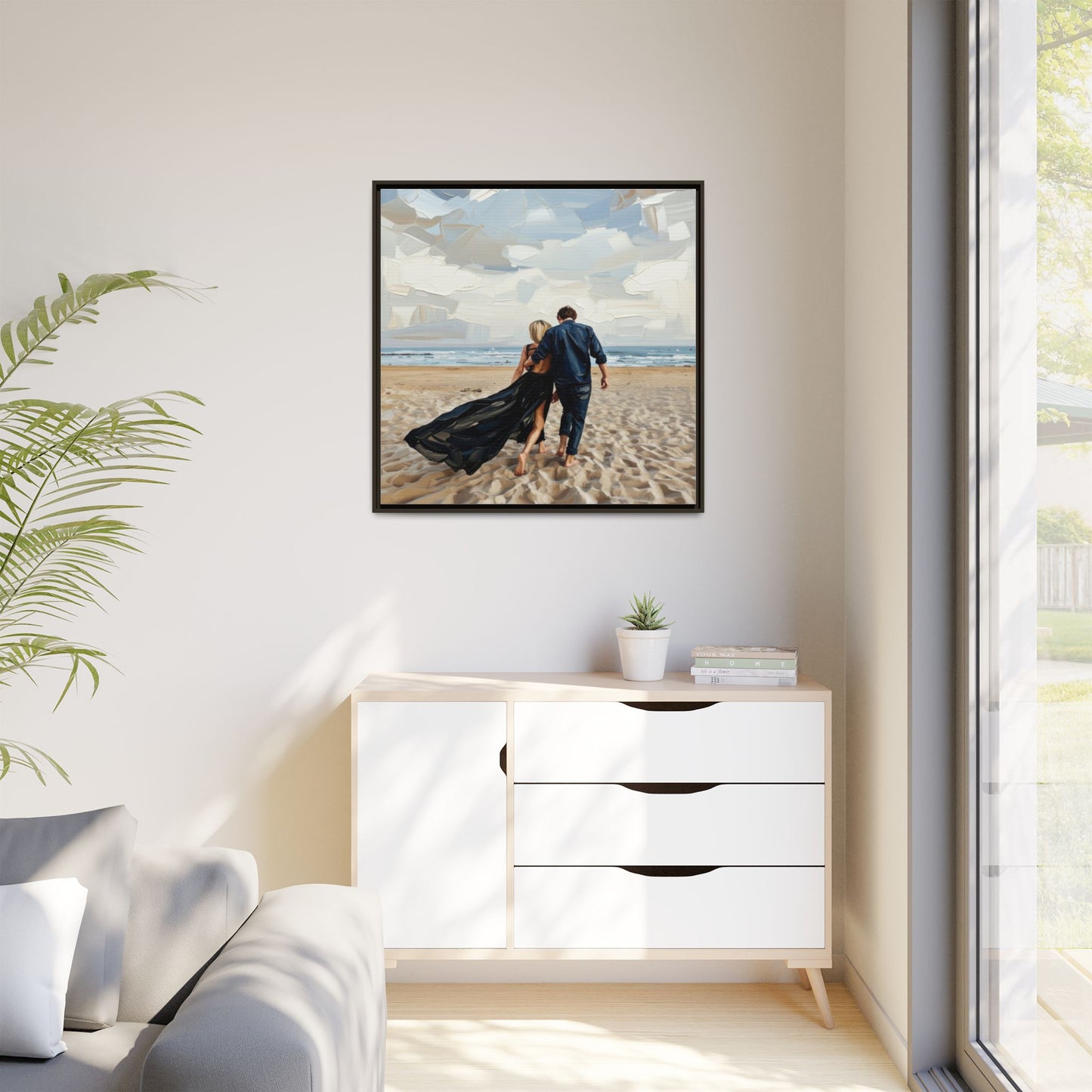 Framed Canvas Wall Art — Romantic Couple Walking on Beach Print