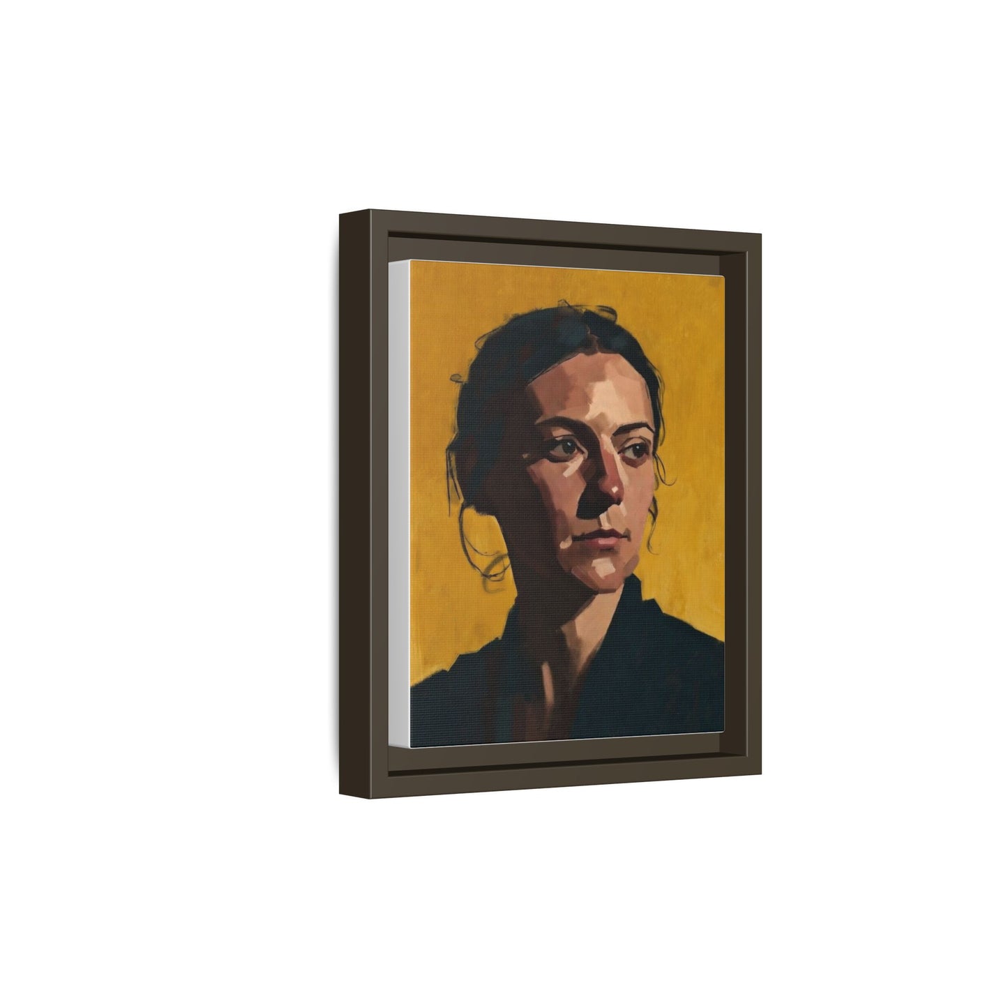 Framed Matte Canvas Portrait Art — Moody Woman on Mustard Background