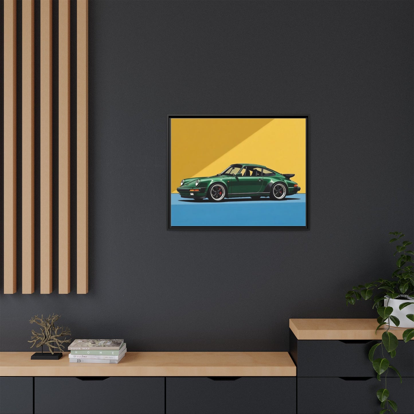 Framed Matte Canvas — Green Sports Car Wall Art