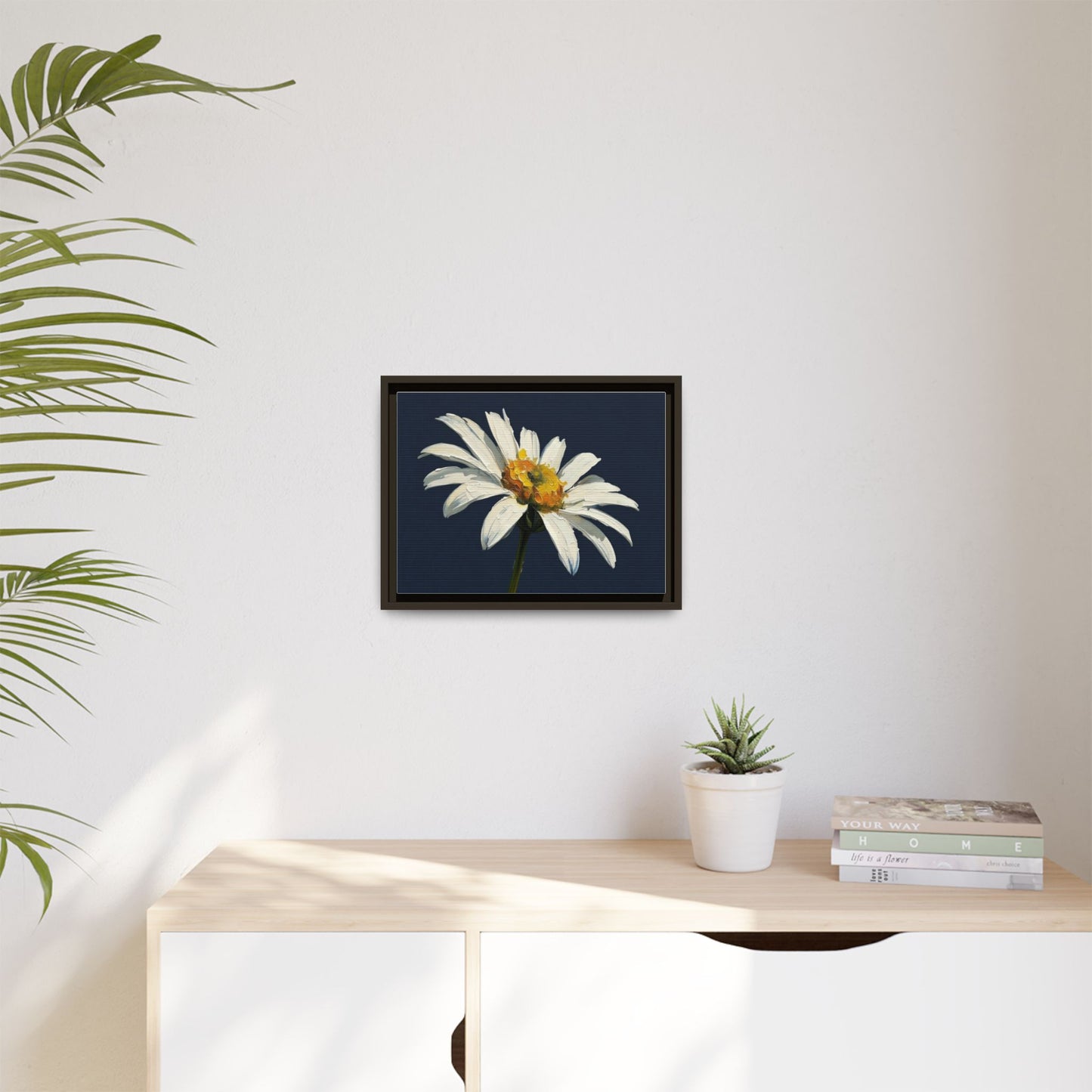 Framed Matte Canvas Daisy Wall Art — White Floral Painting on Navy