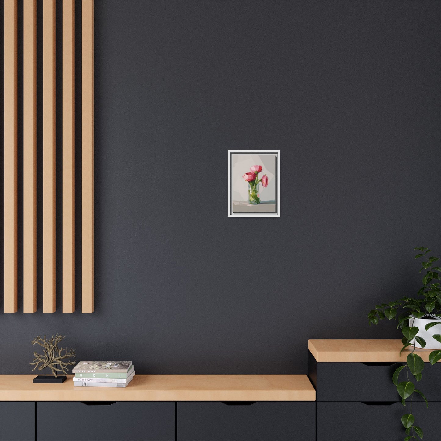 Framed Canvas Art — Pink Roses in Vase, Modern Floral Wall Print