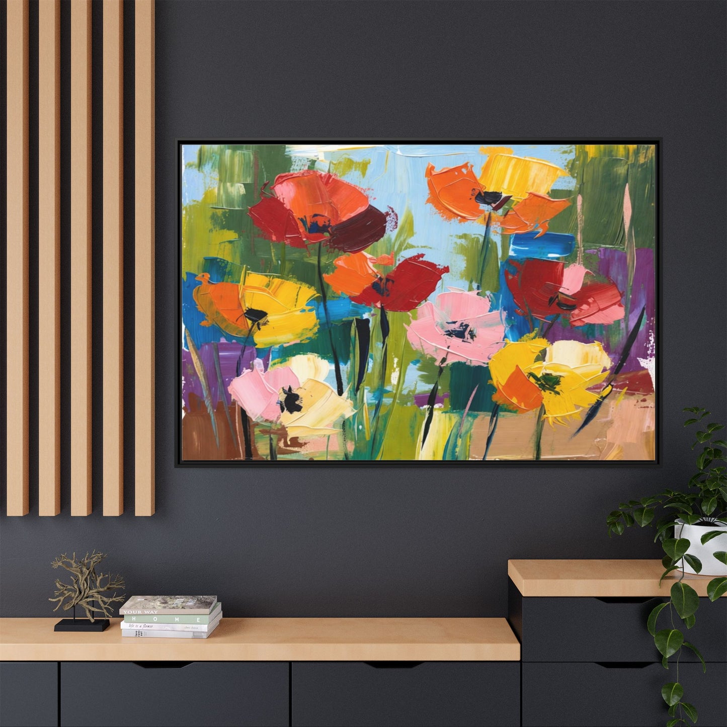 Framed Floral Canvas Print — Colorful Abstract Poppy Artwork