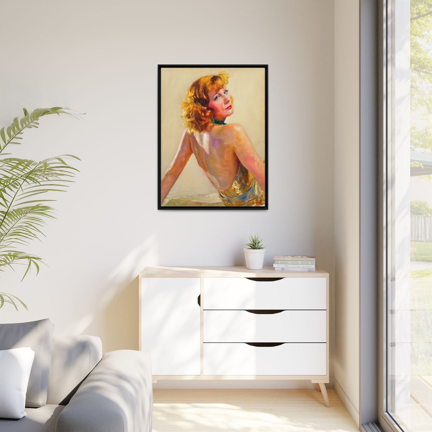 Framed Matte Canvas Print — Vintage Portrait of Redhead Greta Garbo in Gold Dress
