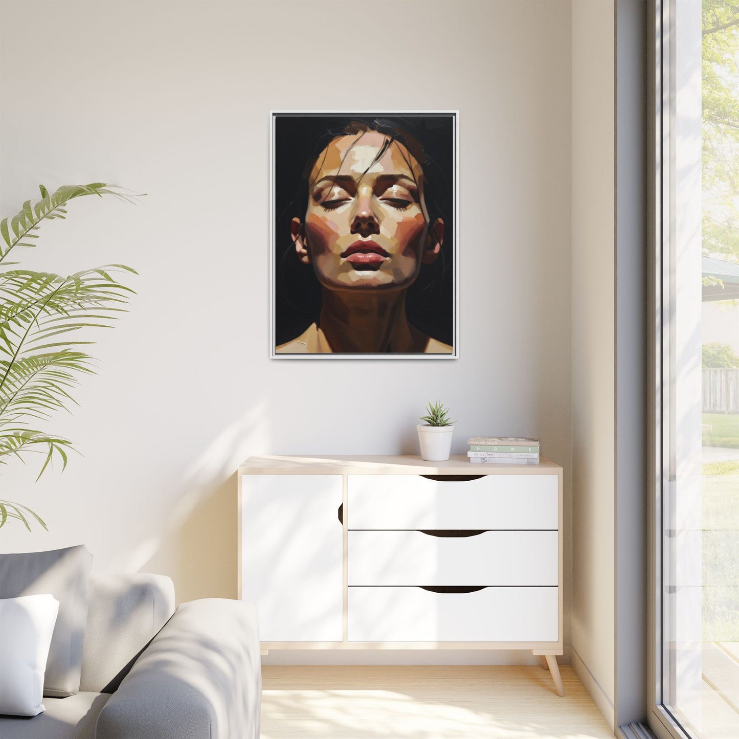 Framed Matte Canvas Portrait – Woman with Eyes Closed (Multi‑Color)